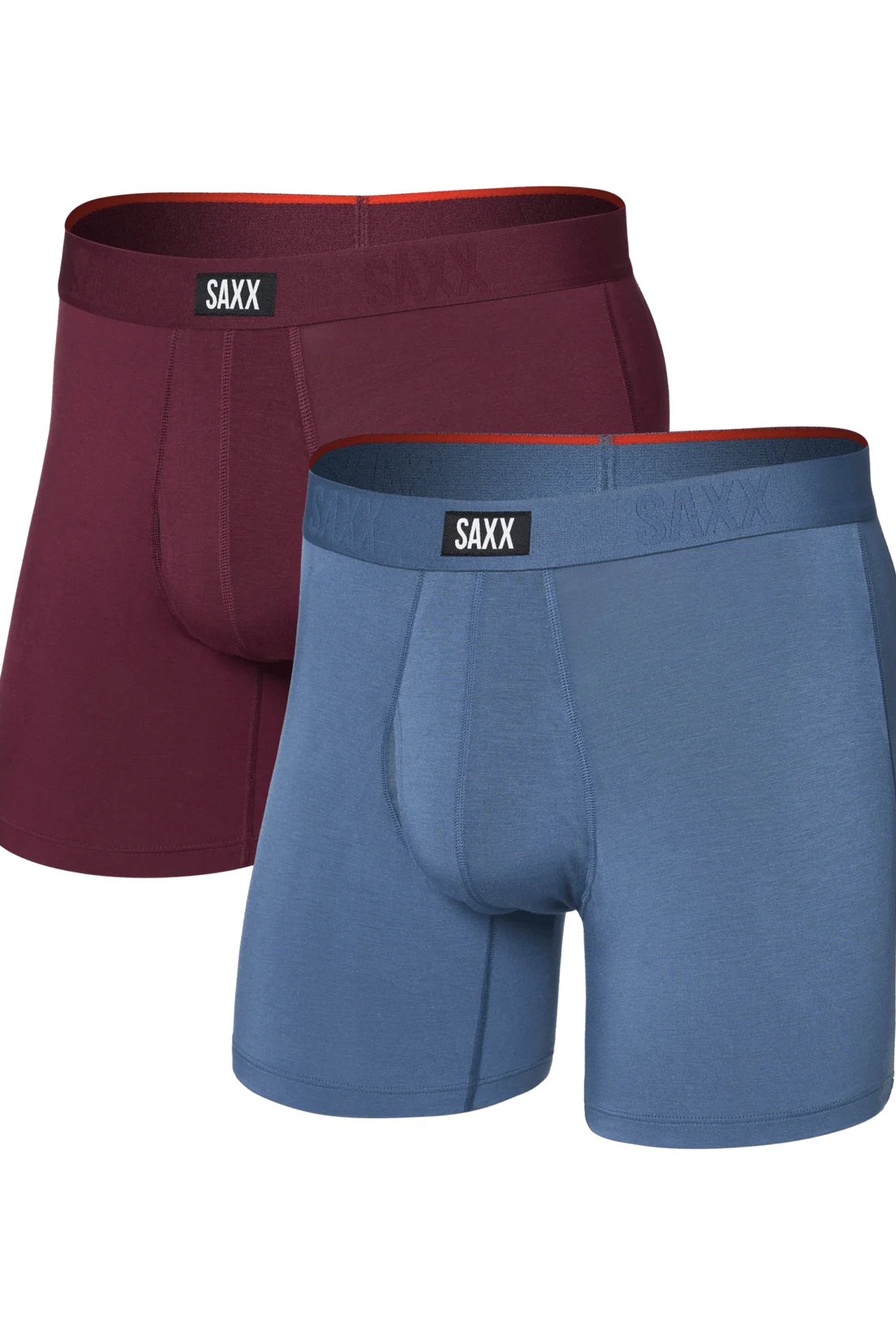 men's comfort boxer briefs with ball pouch technology by saxx - 2 pack gift box in maroon/indigo