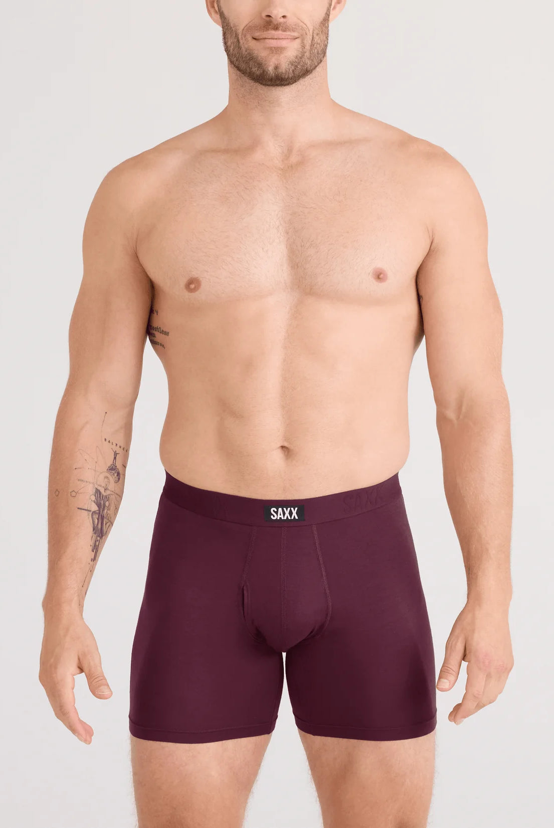 men's comfort boxer briefs with ball pouch technology by saxx - 2 pack gift box in maroon/indigo