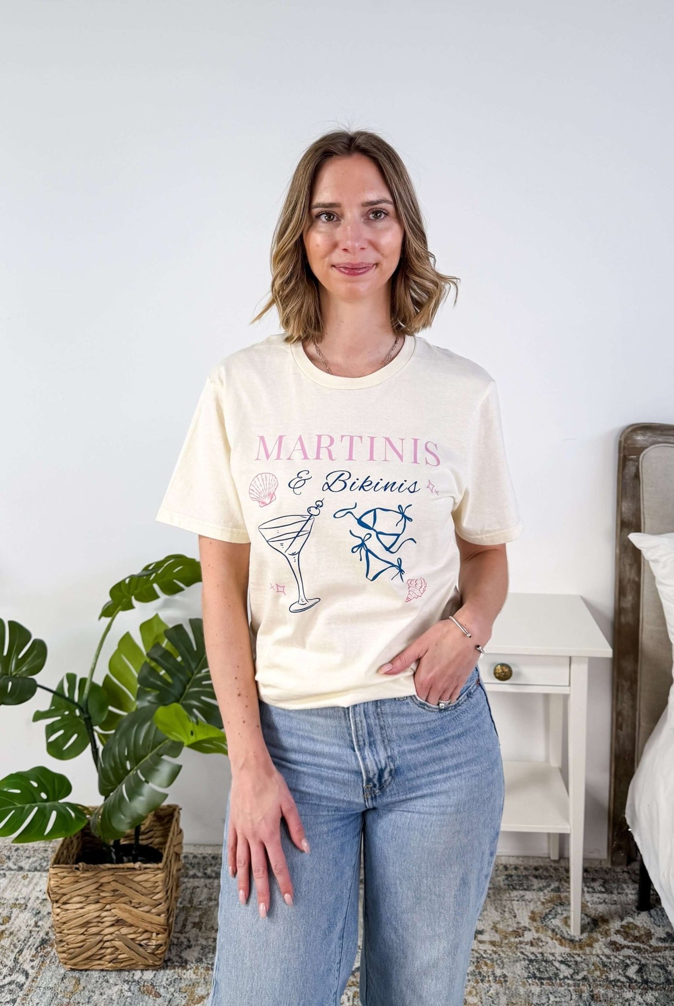 Martinis & Bikinis Crew Fit Graphic Tee shown tucked in