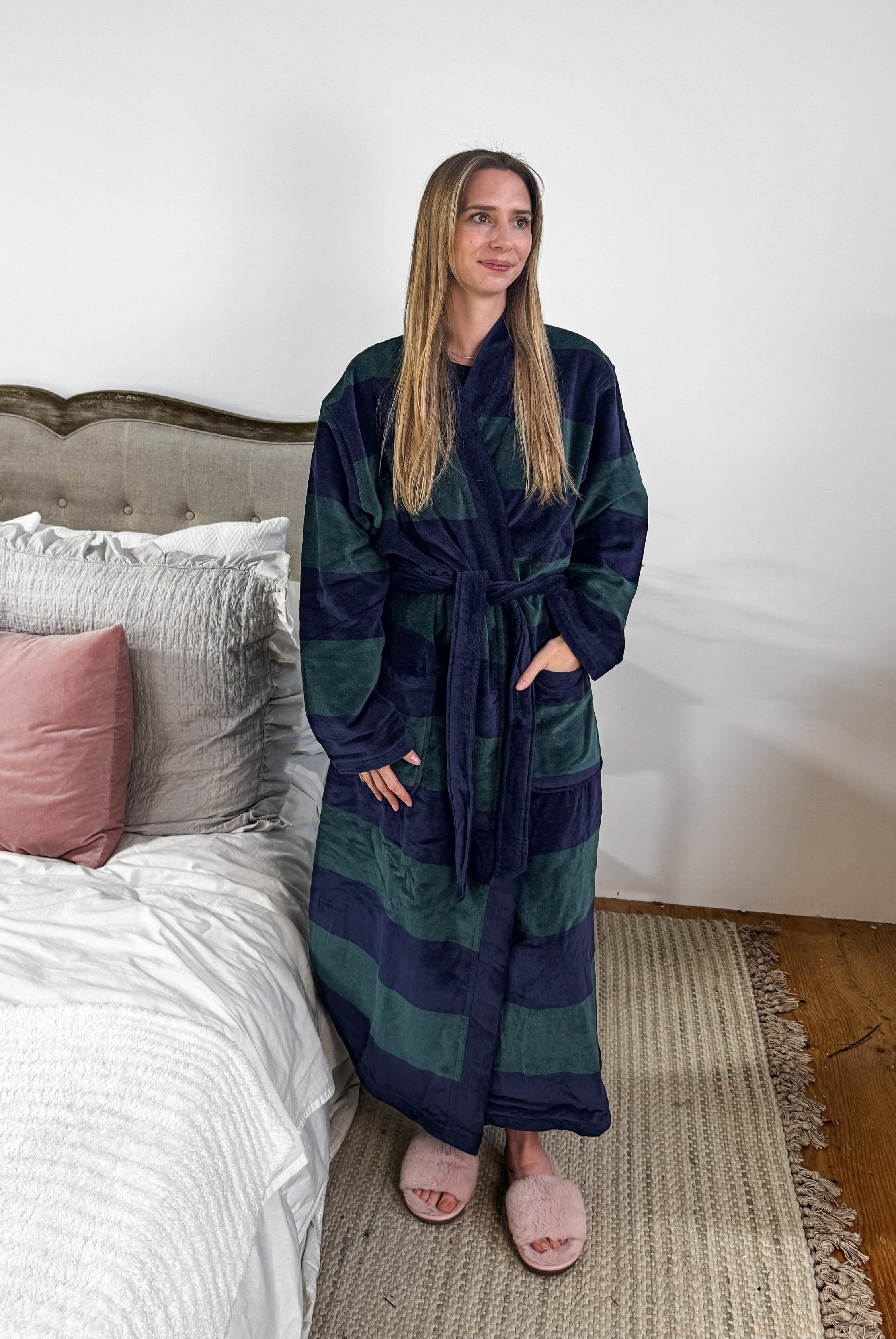 men's striped navy green terry robe CARL ROSS