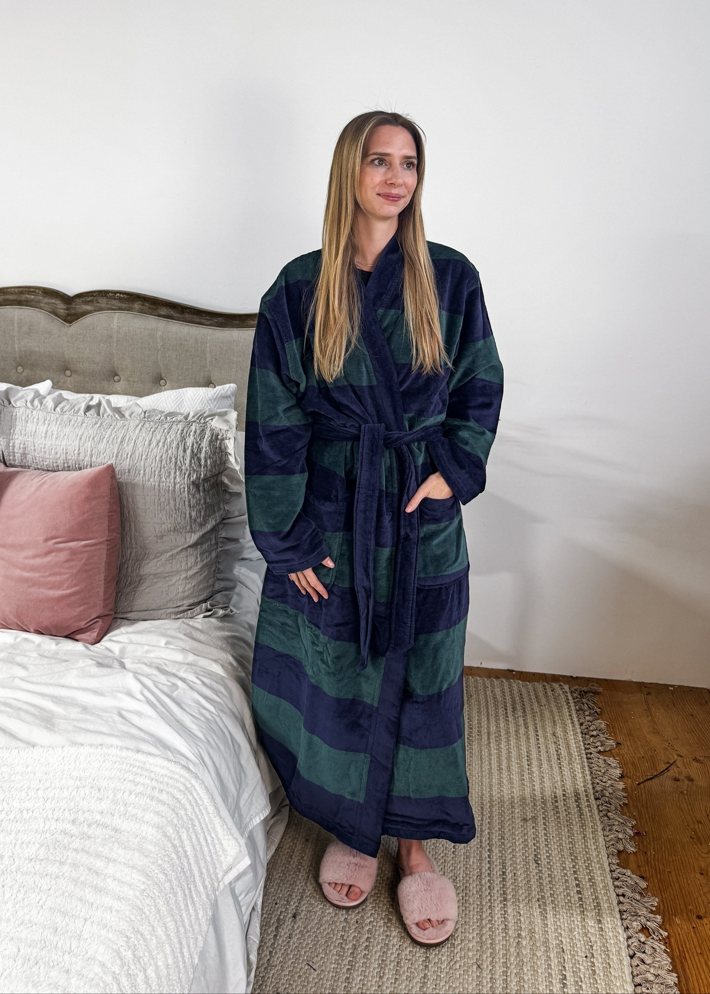 men's striped navy green terry robe CARL ROSS