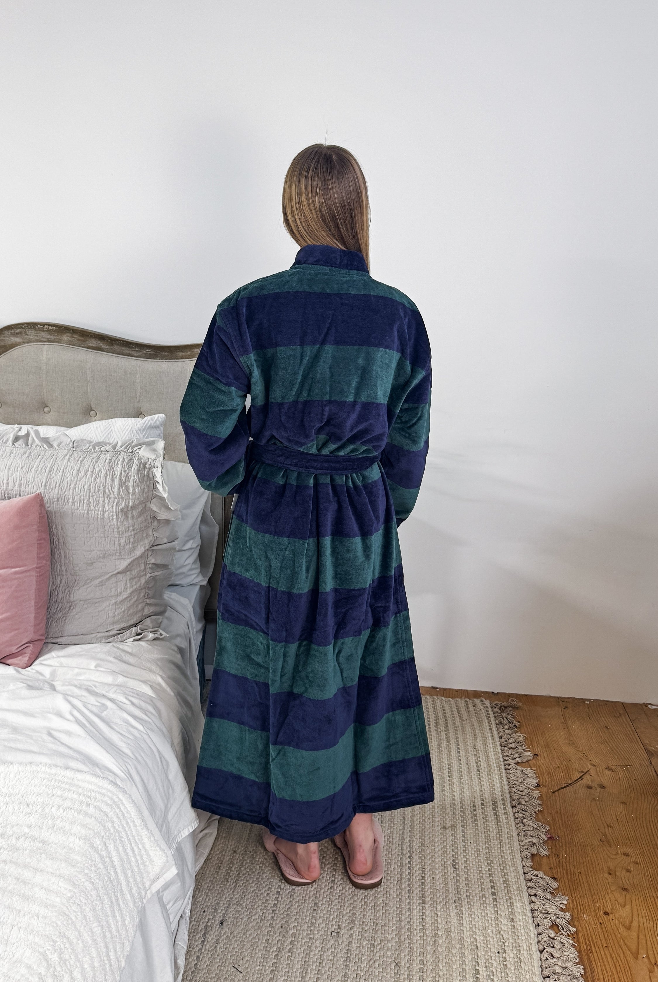 men's striped navy green terry robe CARL ROSS