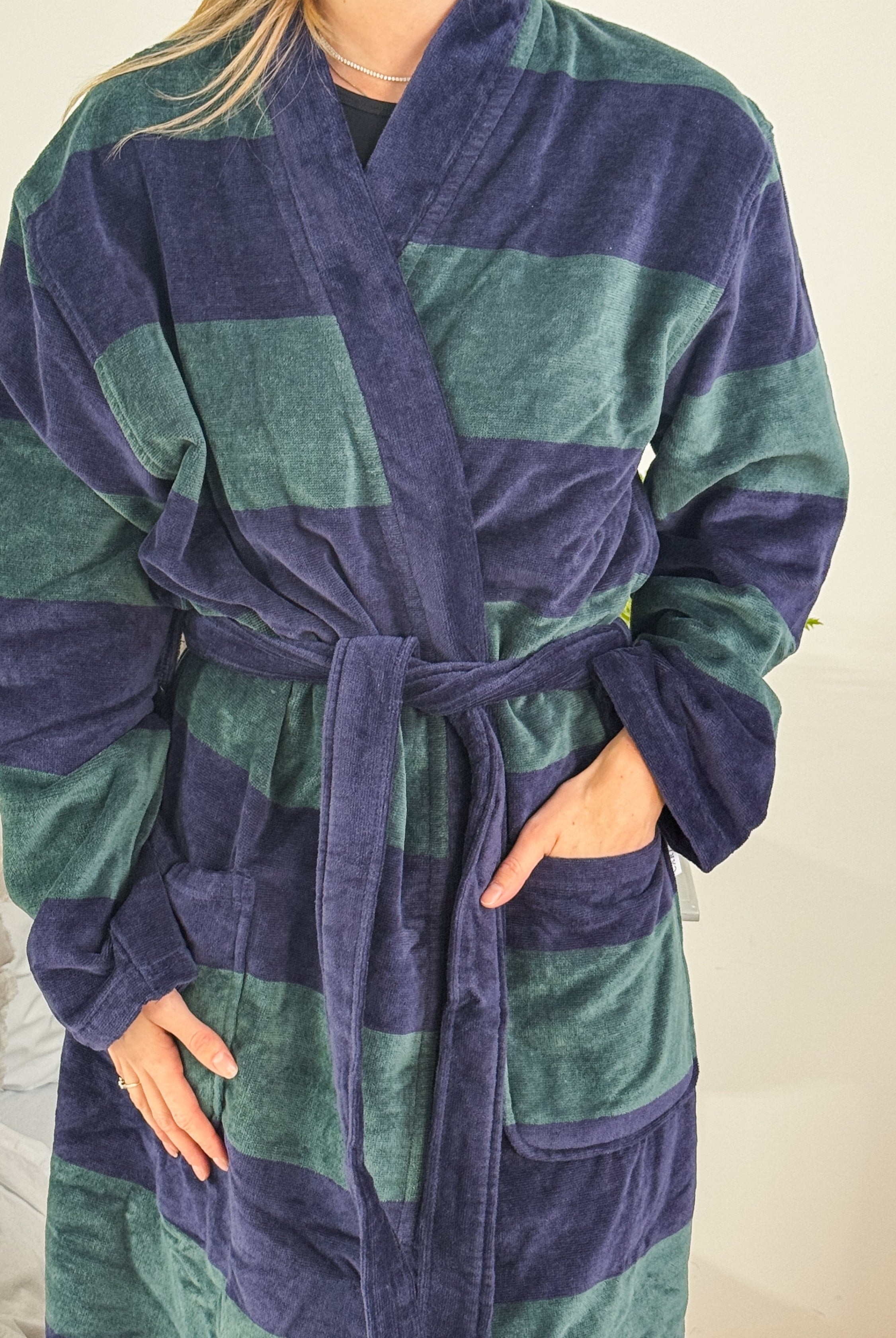 men's striped navy green terry robe CARL ROSS