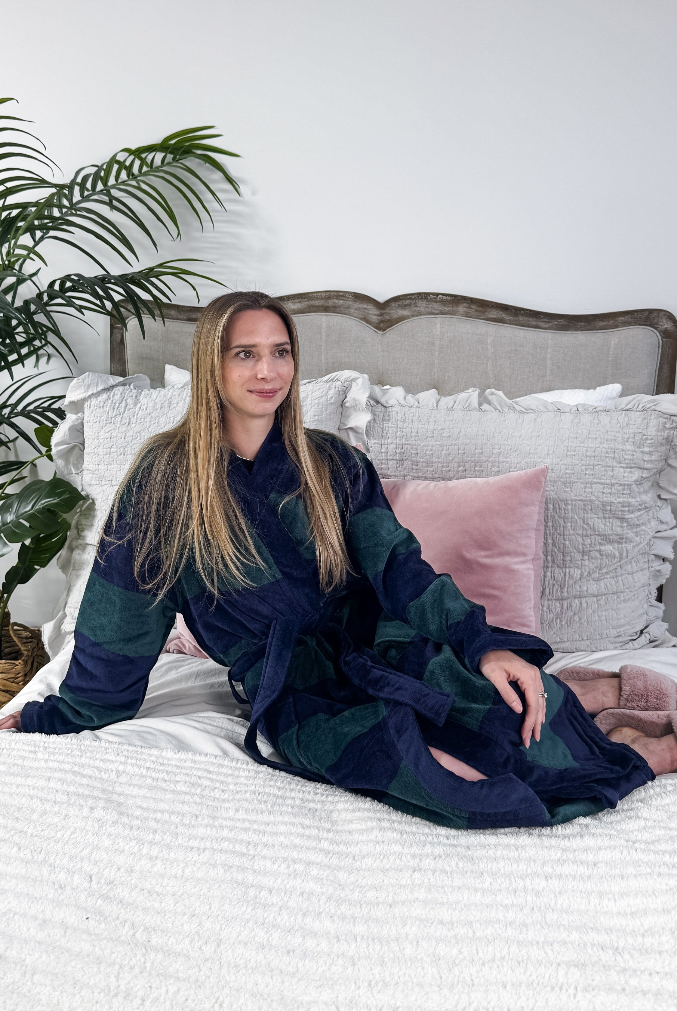 men's striped navy green terry robe CARL ROSS