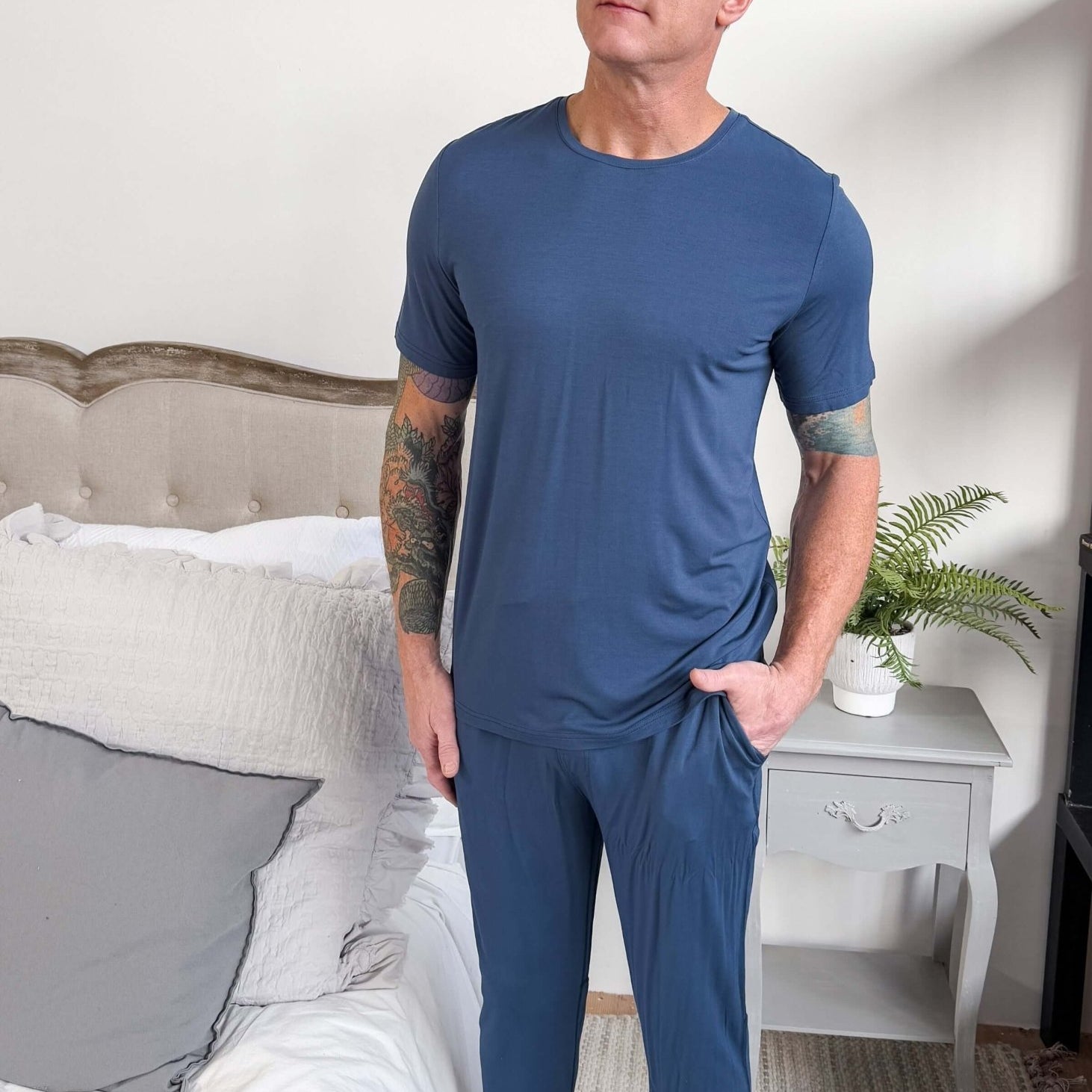 unisex denim blue relaxed crew neck tee shirt in bamboo - Bob's Sleepwear Co.