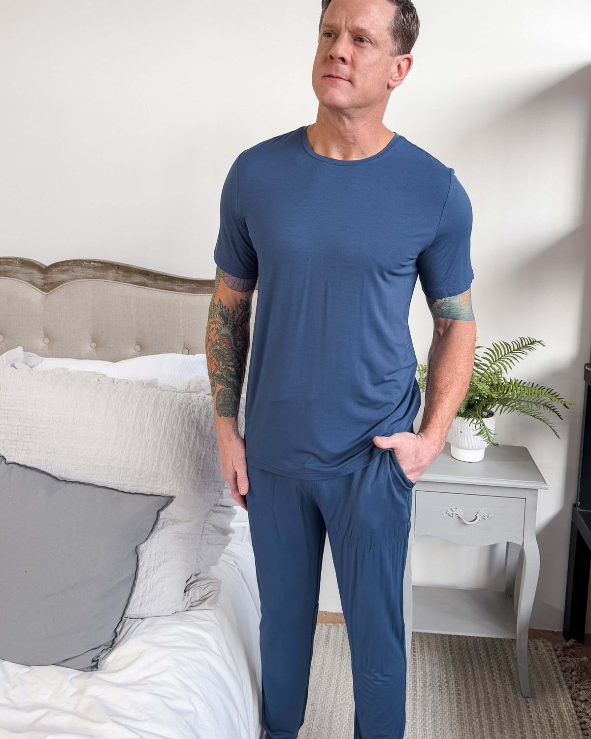 unisex denim blue relaxed crew neck tee shirt in bamboo - Bob's Sleepwear Co.