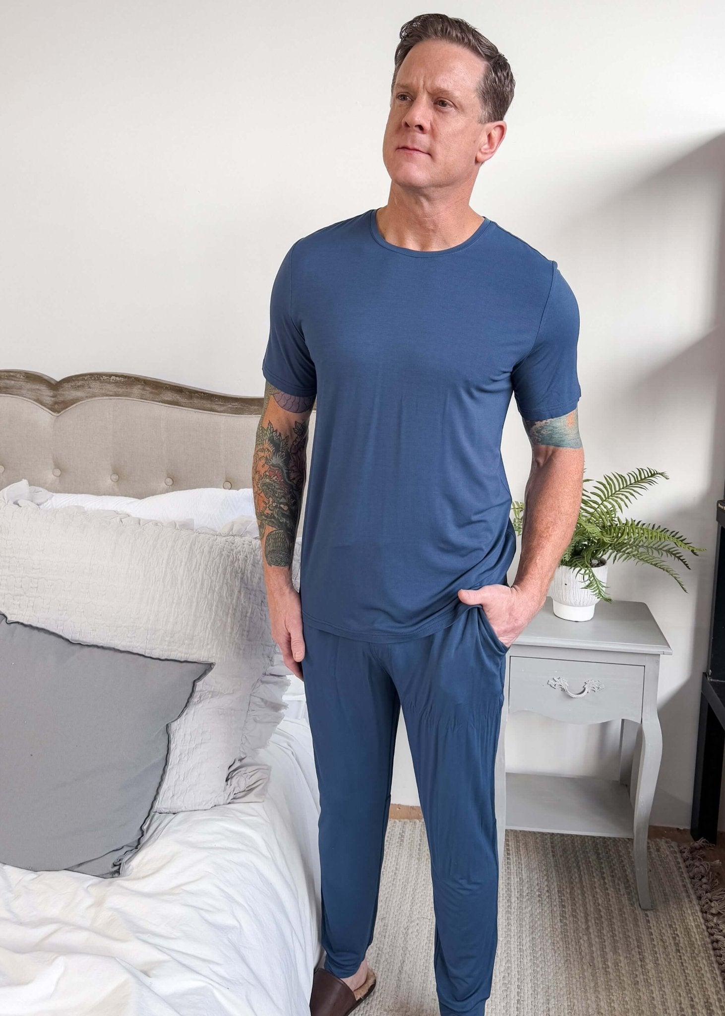 unisex denim blue relaxed crew neck tee shirt in bamboo - Bob's Sleepwear Co.