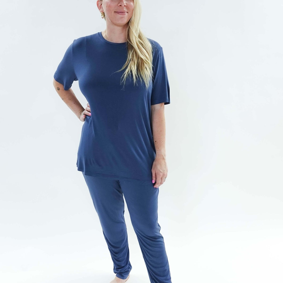 unisex denim blue relaxed crew neck tee shirt in bamboo - Bob's Sleepwear Co.