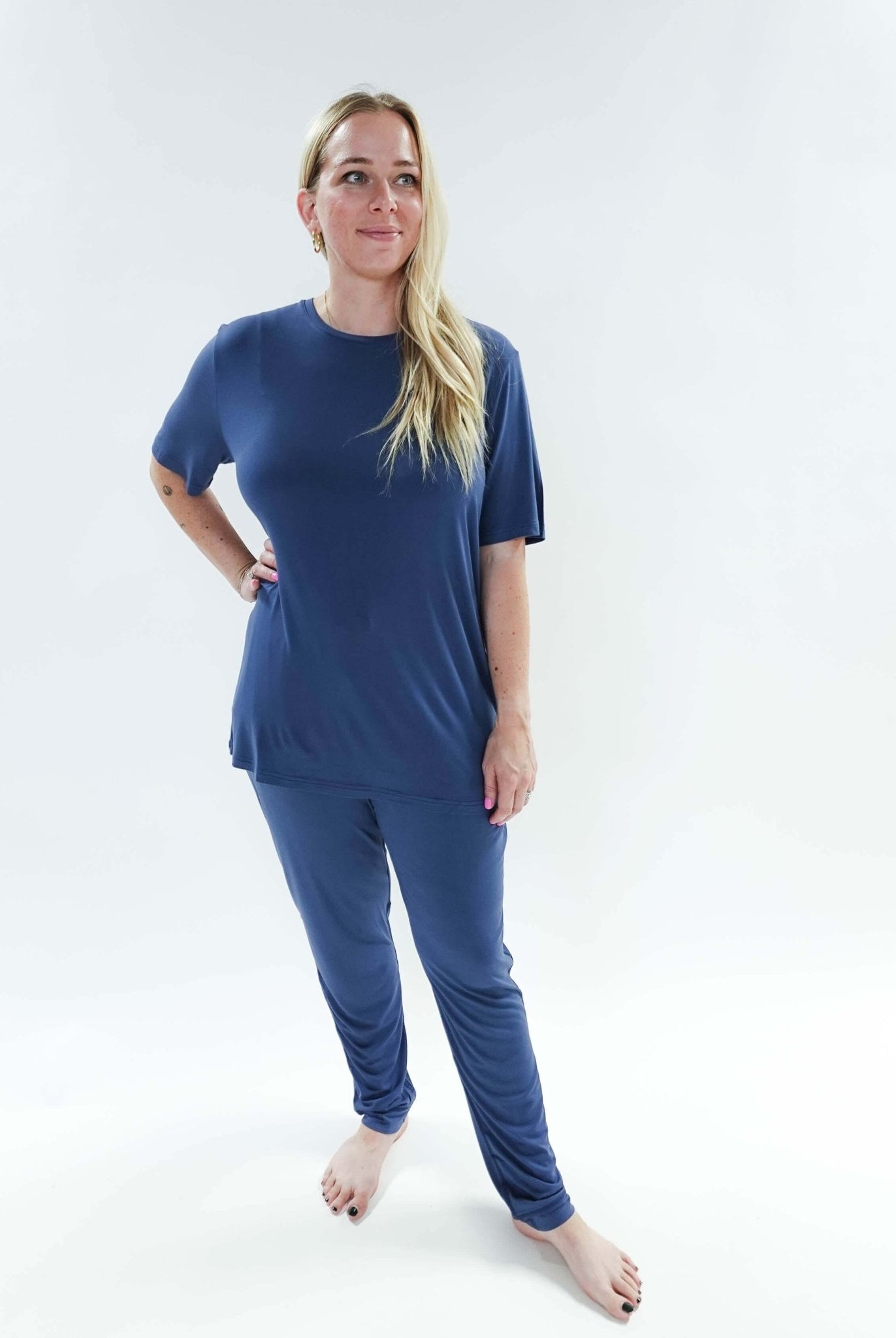 unisex denim blue relaxed crew neck tee shirt in bamboo - Bob's Sleepwear Co.