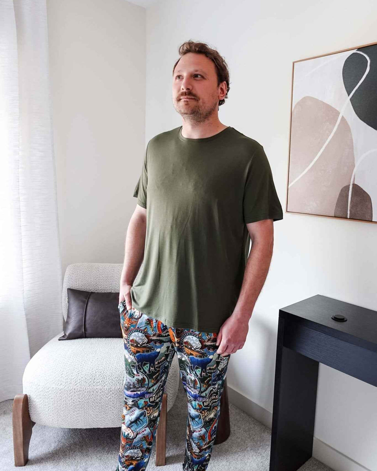 Bob's Sleepwear Co. Bamboo Sleep Tee Olive Green model front view with pattern pants — Cloud Nine Pajamas Edmonton