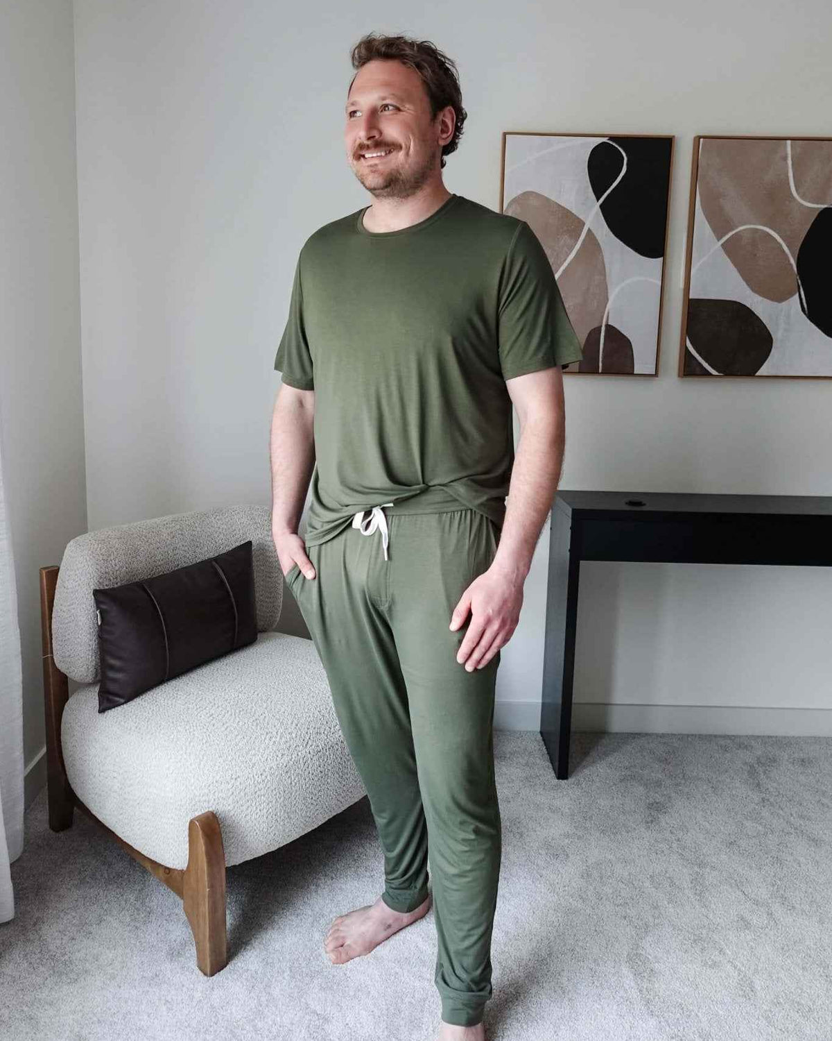 Bob's Sleepwear Co. Bamboo Sleep Tee Olive Green model full length tucked in view — Cloud Nine Pajamas Edmonton