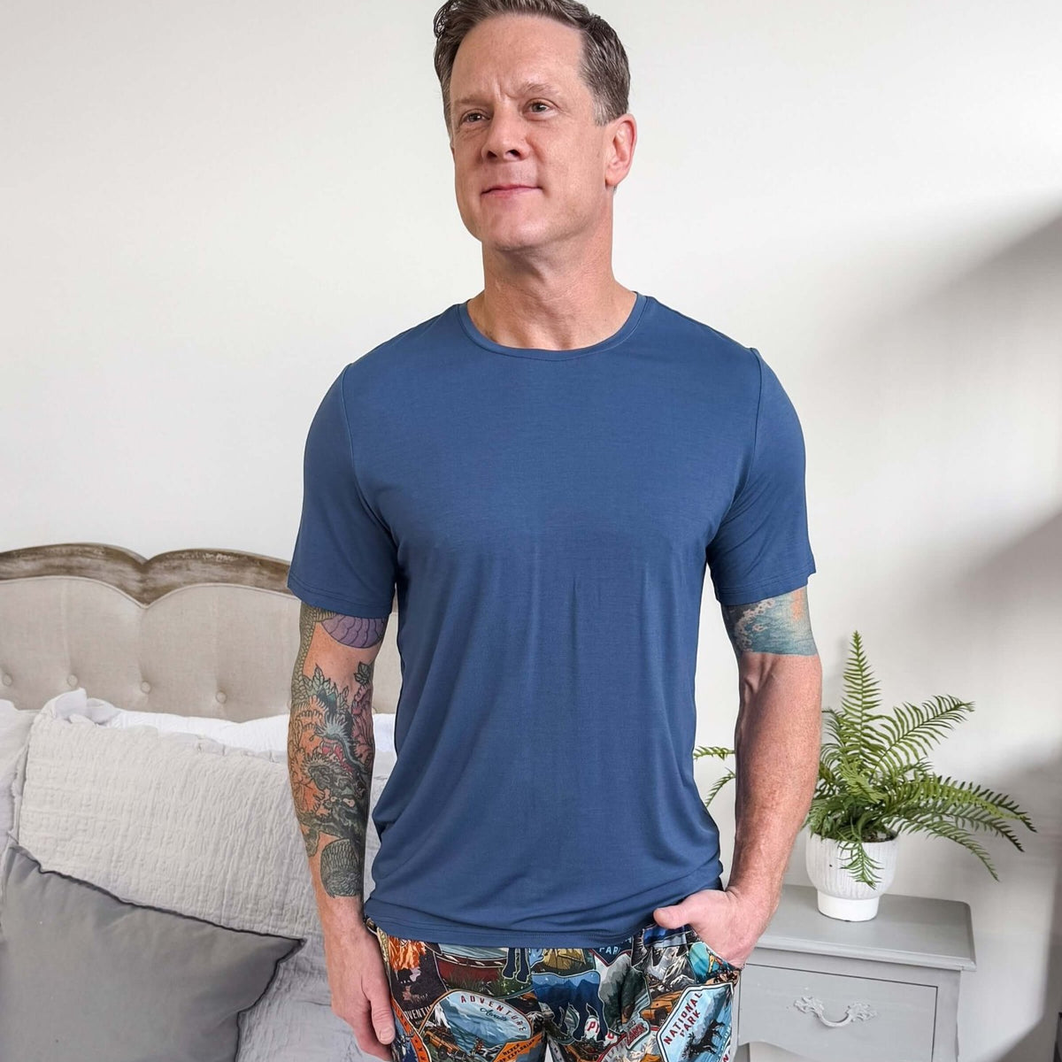 unisex denim blue relaxed crew neck tee shirt in bamboo - Bob's Sleepwear Co.