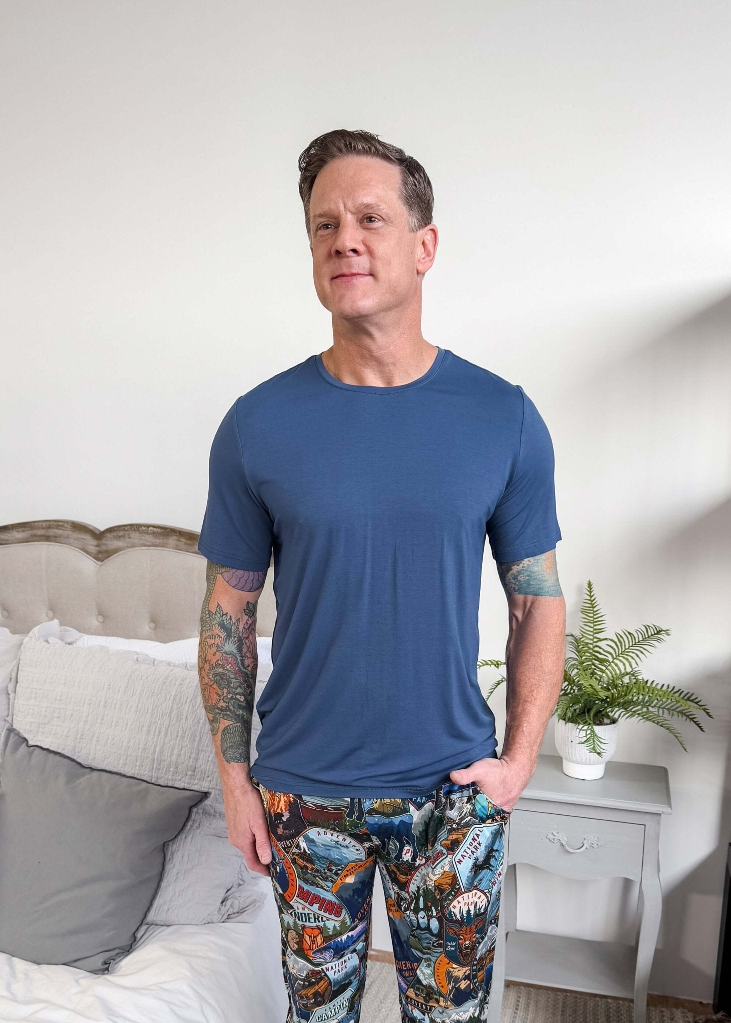 unisex denim blue relaxed crew neck tee shirt in bamboo - Bob's Sleepwear Co.