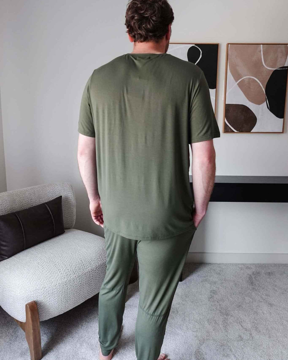 Bob's Sleepwear Co. Bamboo Sleep Tee Olive Green model back view — Cloud Nine Pajamas Edmonton