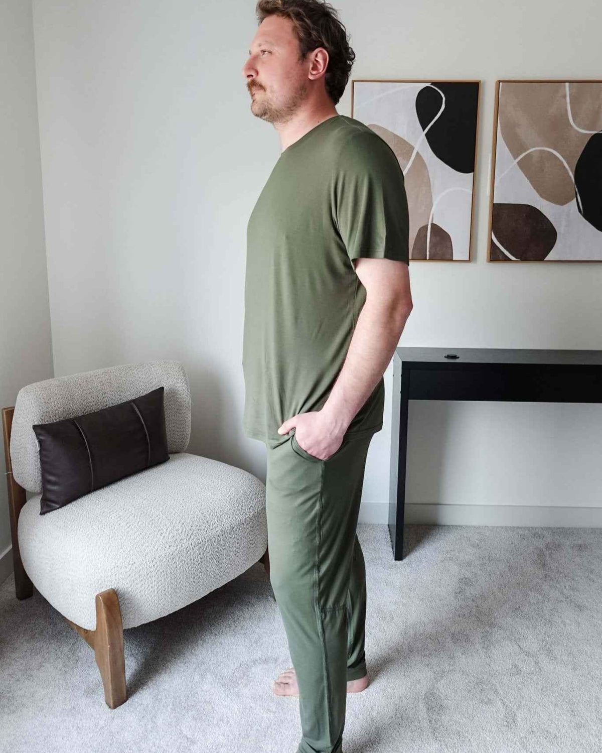 Bob's Sleepwear Co. Bamboo Sleep Tee Olive Green model side view — Cloud Nine Pajamas Edmonton