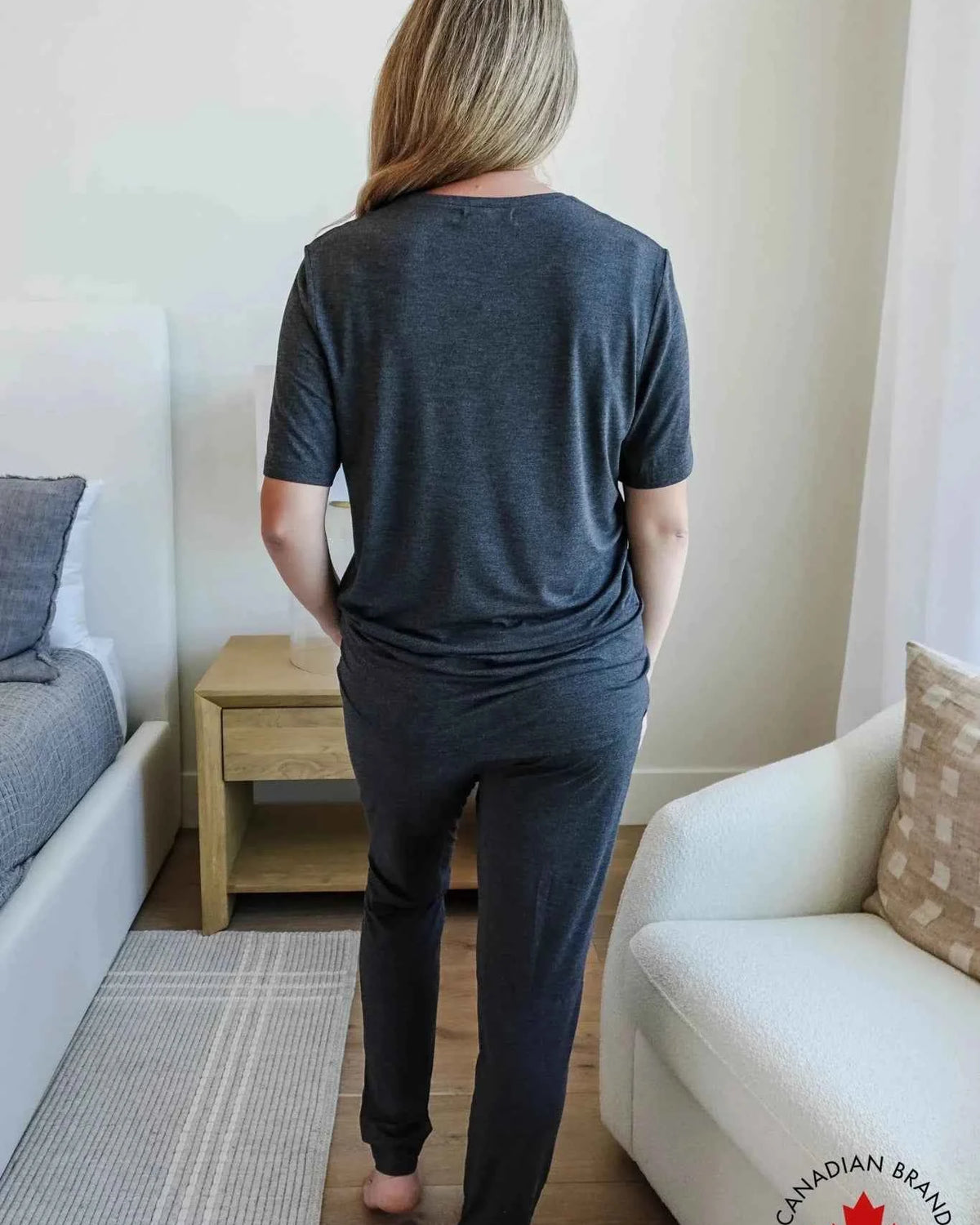 Bob's Sleepwear Co. Bamboo Sleep Tee Charcoal Grey female model back view — Cloud Nine Pajamas Edmonton