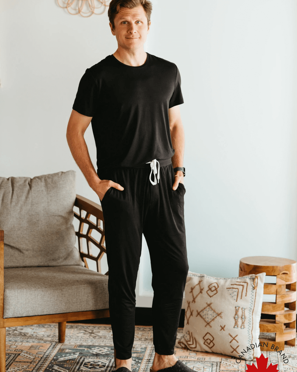 Bob's Sleepwear Co. Bamboo Sleep Tee Black lifestyle — Cloud Nine Pajamas Edmonton