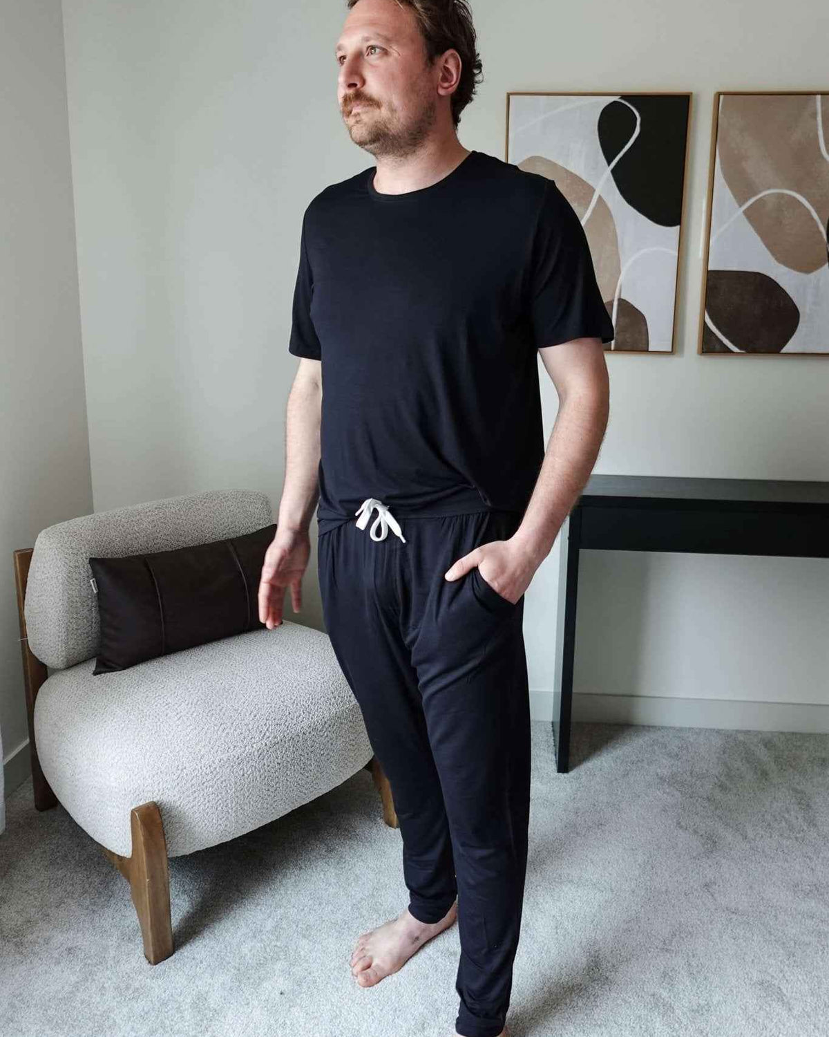 Bob's Sleepwear Co. Bamboo Sleep Tee Black model tucked in view — Cloud Nine Pajamas Edmonton