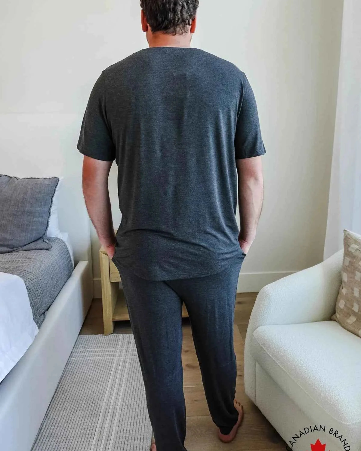 Bob's Sleepwear Co. Bamboo Sleep Tee Charcoal Grey model back view — Cloud Nine Pajamas Edmonton
