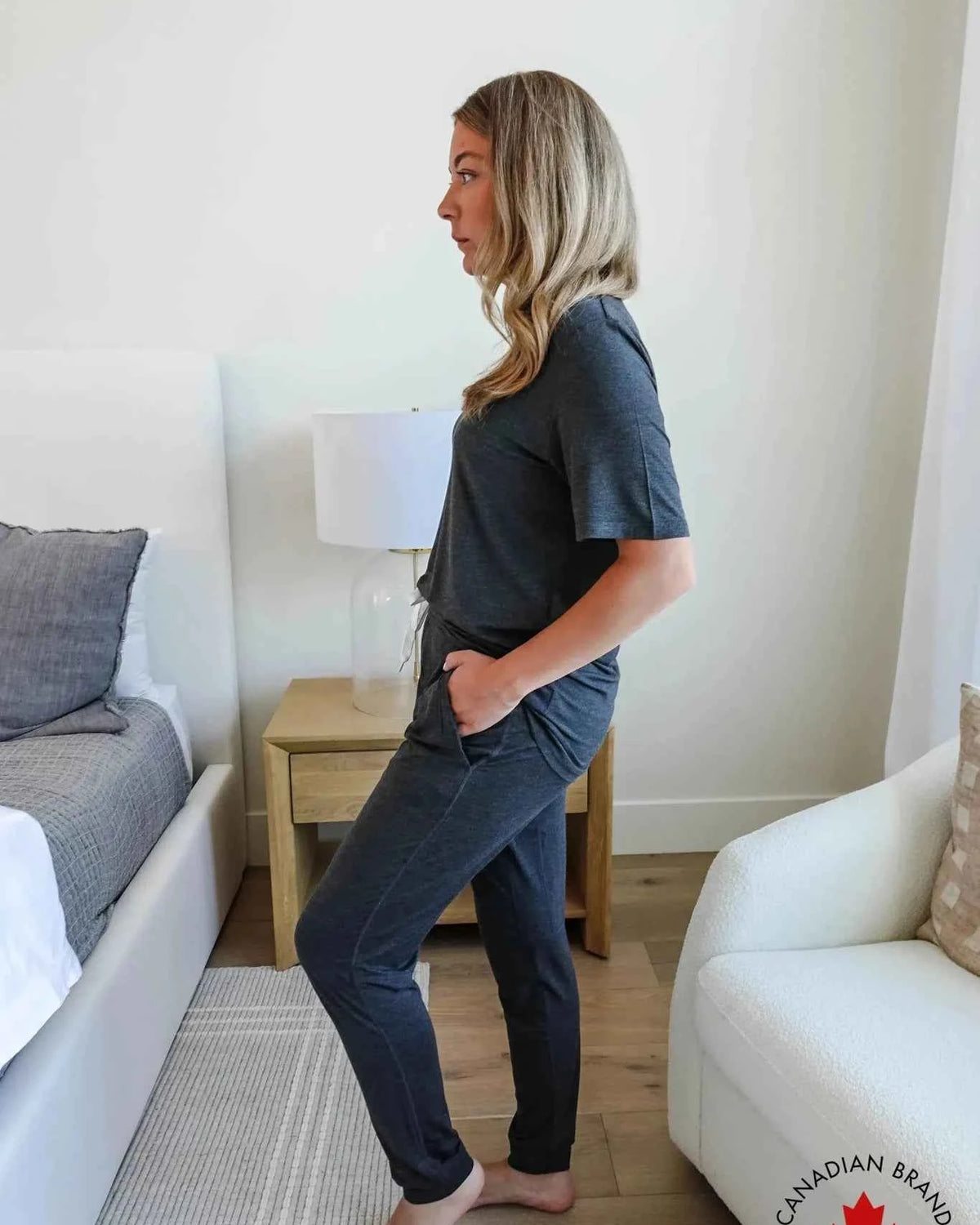 Bob's Sleepwear Co. Bamboo Sleep Tee Charcoal Grey female model side view — Cloud Nine Pajamas Edmonton