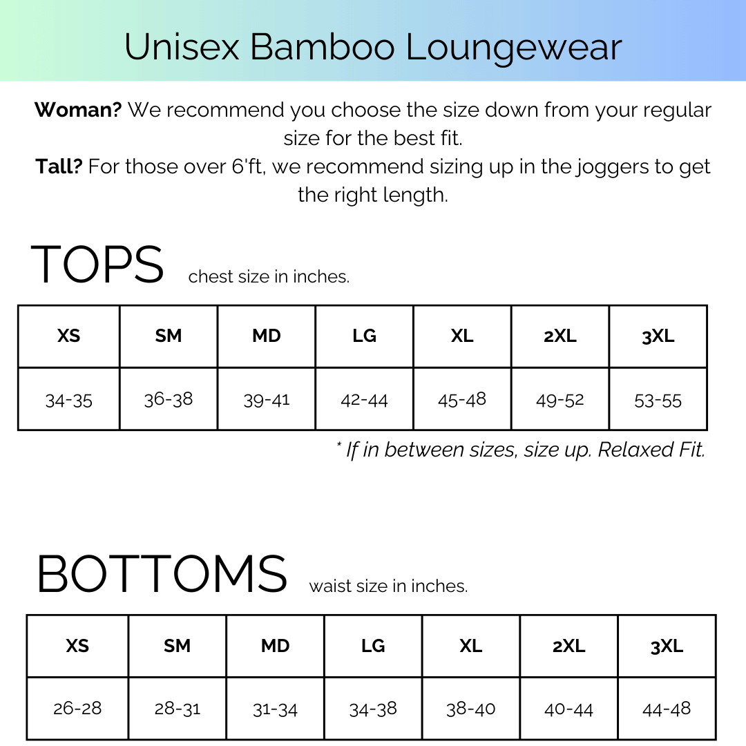 Size chart for Bob's Sleepwear Co. Unisex Bamboo Lougewear with recommendations for tops and bottoms.