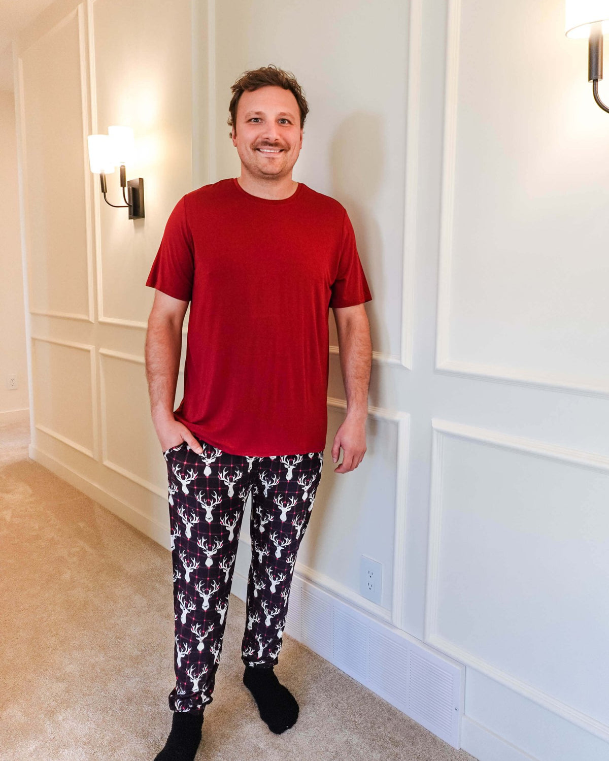 Bob's Sleepwear Co. Bamboo Sleep Tee Red lifestyle model full length — Cloud Nine Pajamas Edmonton