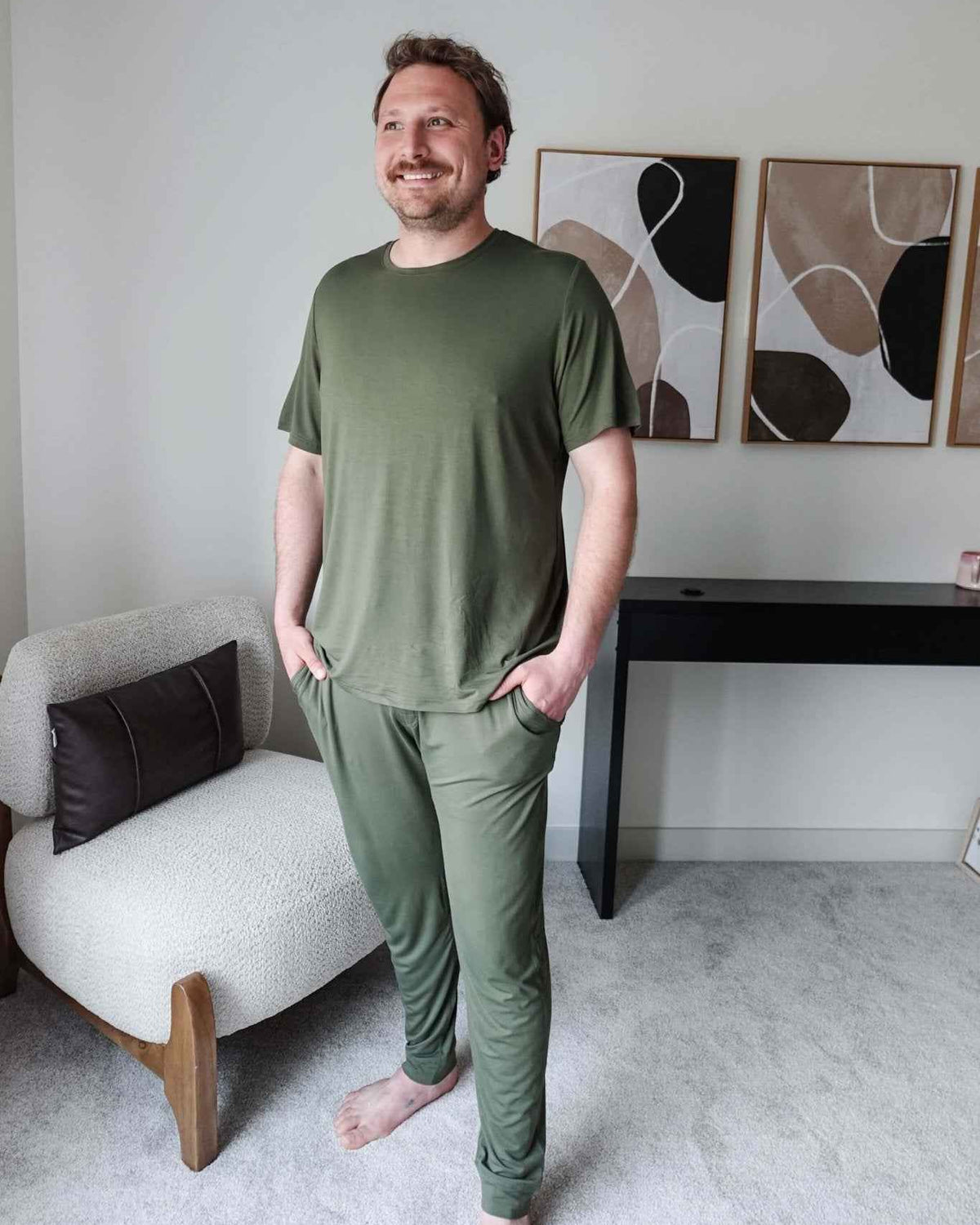 Bob's Sleepwear Co. Bamboo Sleep Tee Olive Green front view on model — Cloud Nine Pajamas Edmonton