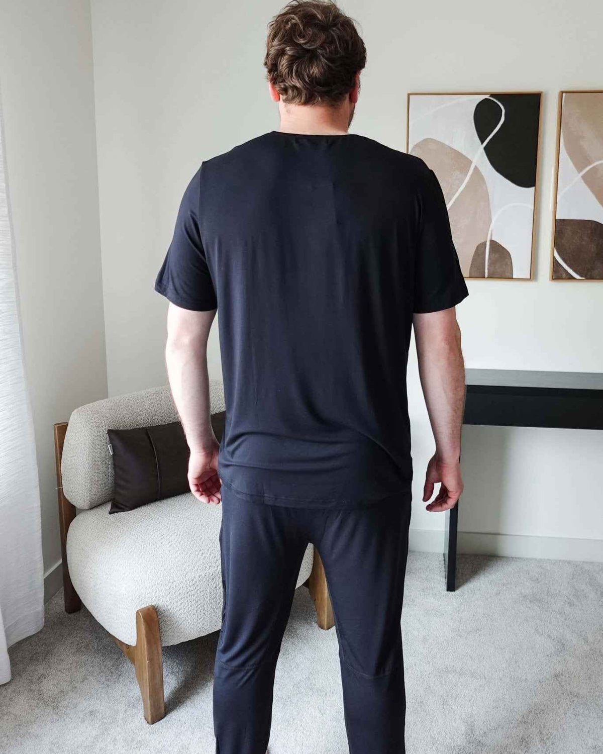 Bob's Sleepwear Co. Bamboo Sleep Tee Black model back view — Cloud Nine Pajamas Edmonton