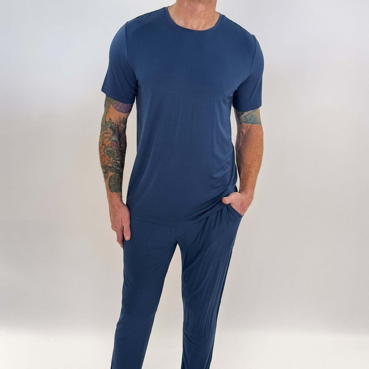 unisex denim blue relaxed crew neck tee shirt in bamboo - Bob's Sleepwear Co.