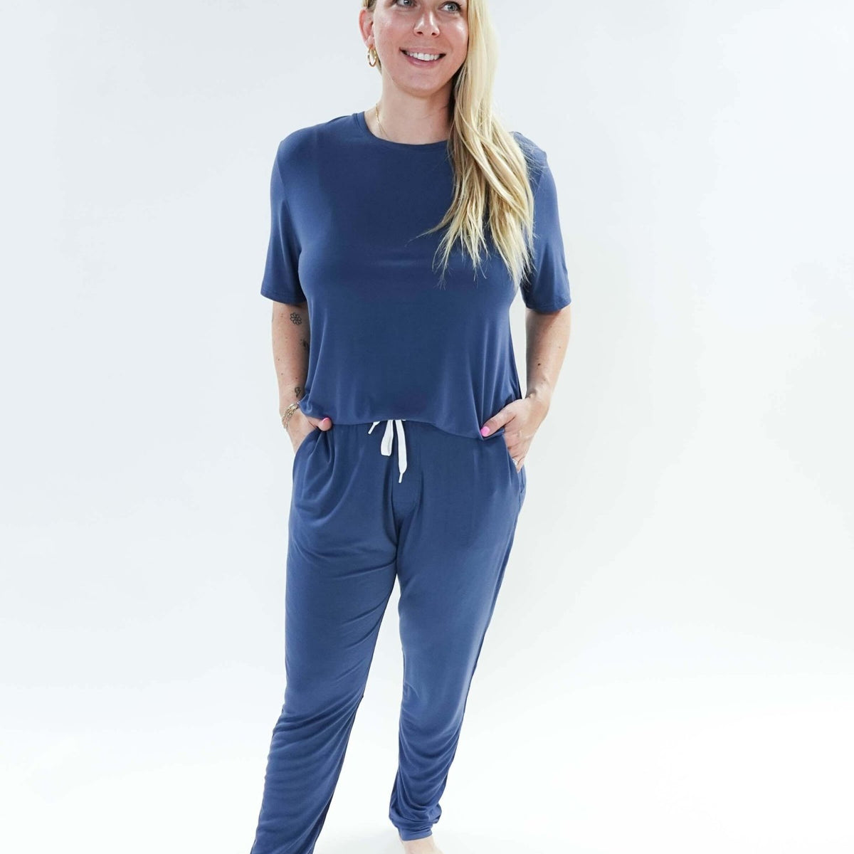 unisex denim blue relaxed crew neck tee shirt in bamboo - Bob's Sleepwear Co.