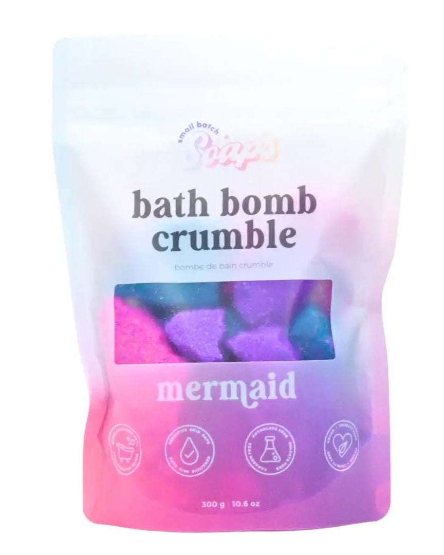 Mermaid Bath Bomb Crumble in a colorful 300g package, perfect for transforming bathwater into a fizzy, fun experience.