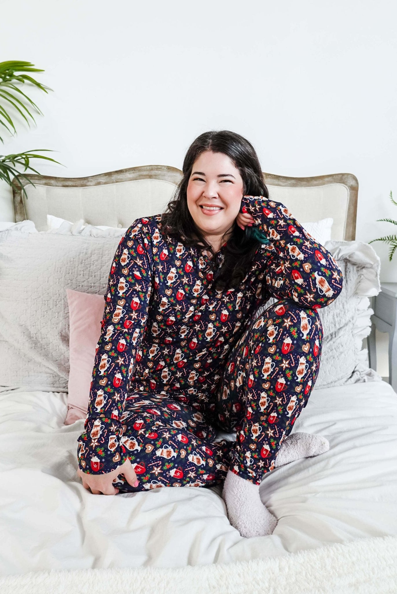 Merry Mugs Print Long Sleeve & Jogger Bamboo PJ Set woman wearing vintage print pj set in bamboo navy hot chocolate from georgia rylan