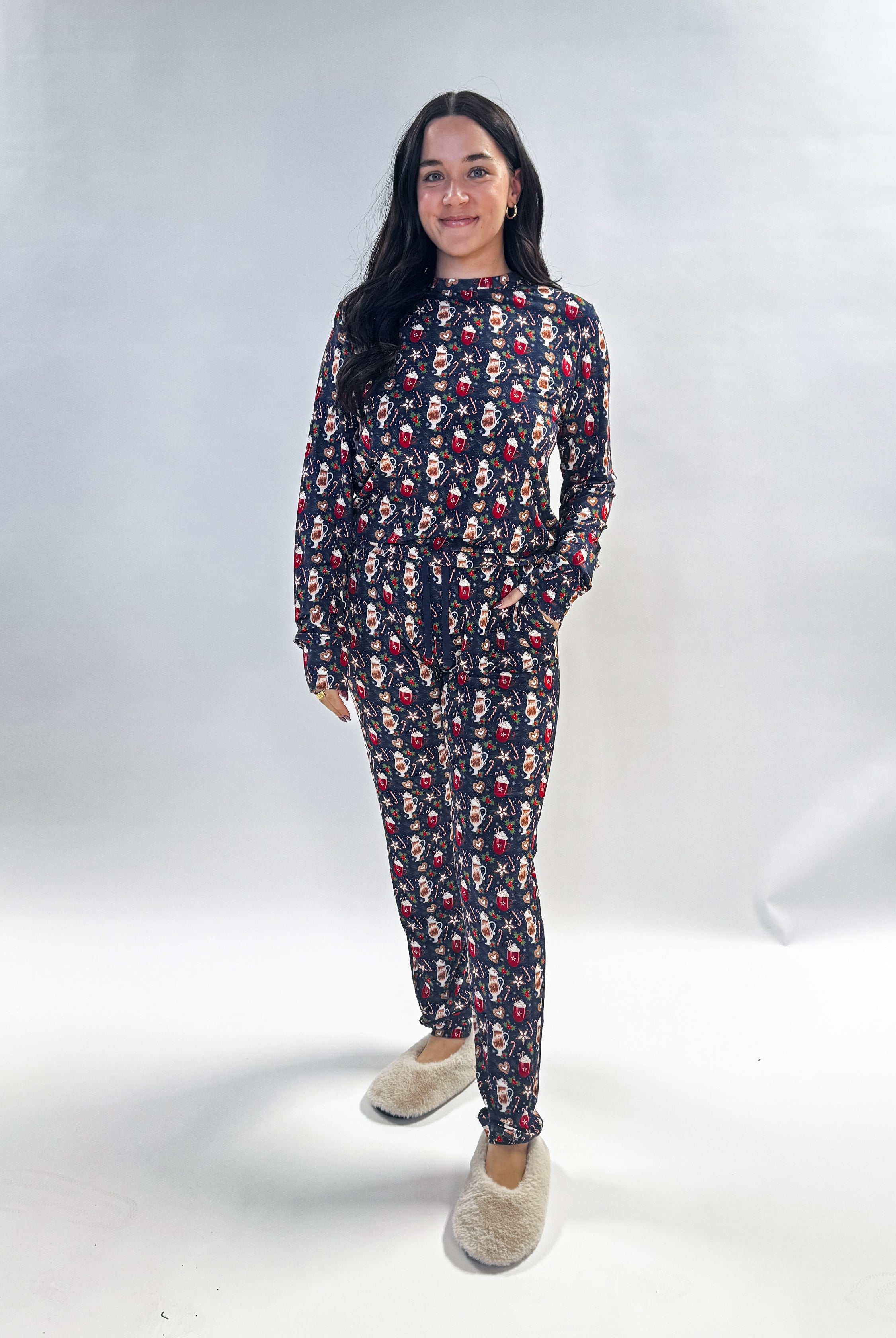 Merry Mugs Print Long Sleeve & Jogger Bamboo PJ Set woman's hot chocolate printe pj set in bamboo vintage whimsy, Georgia Rylan
