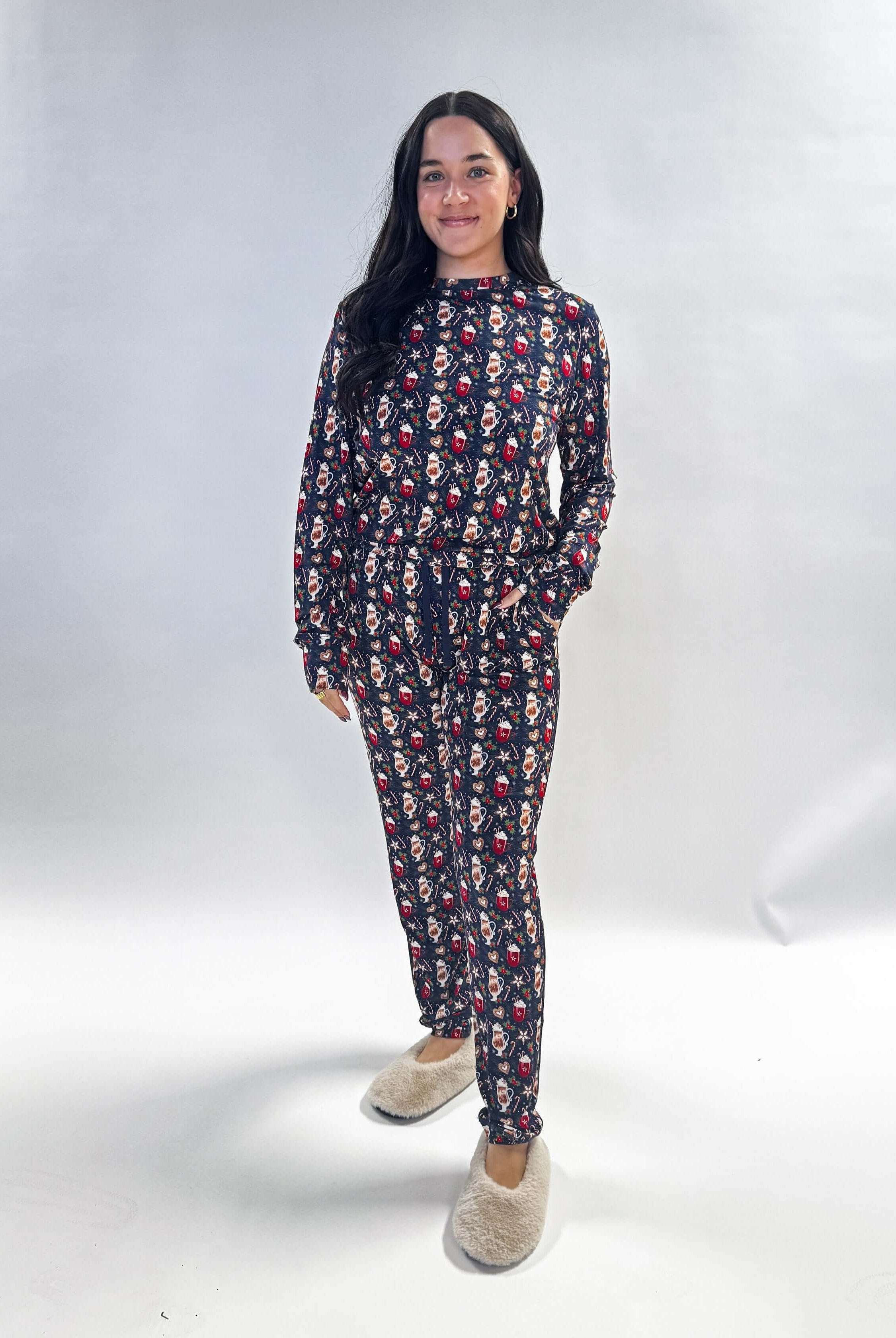 Merry Mugs Print Long Sleeve & Jogger Bamboo PJ Set woman's hot chocolate printe pj set in bamboo vintage whimsy, Georgia Rylan