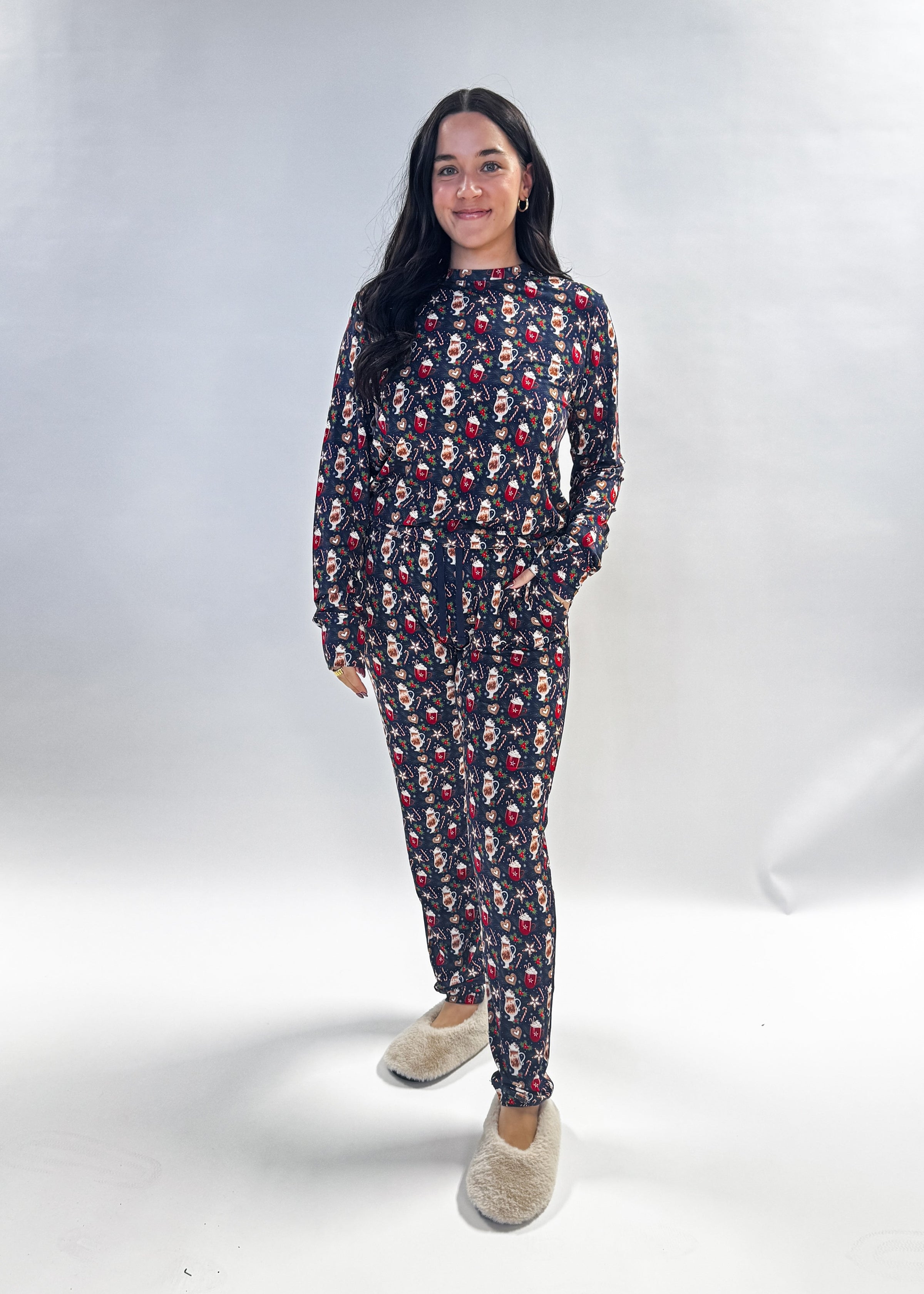Merry Mugs Print Long Sleeve & Jogger Bamboo PJ Set woman's hot chocolate printe pj set in bamboo vintage whimsy, Georgia Rylan