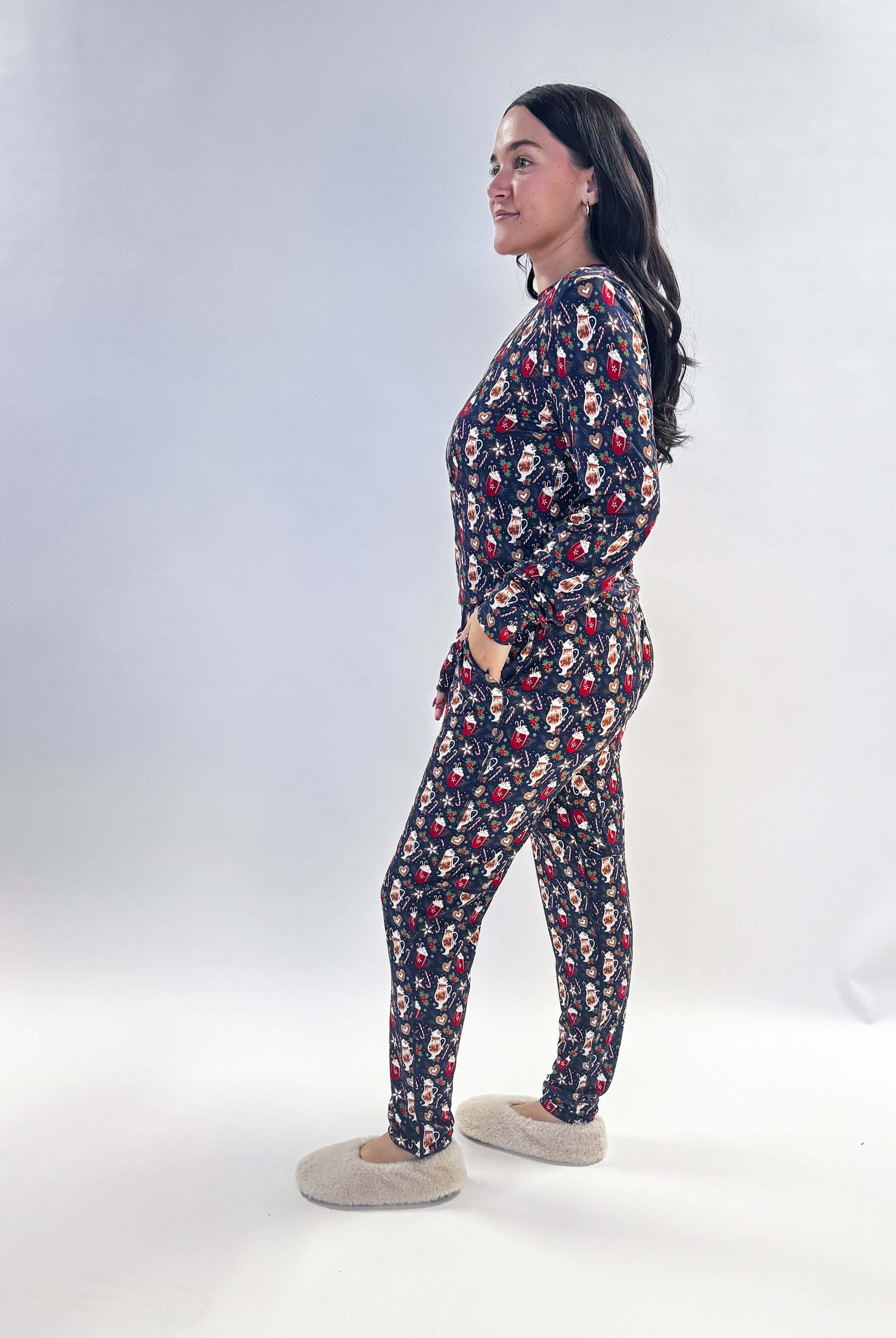 Merry Mugs Print Long Sleeve & Jogger Bamboo PJ Set woman's hot chocolate printe pj set in bamboo vintage whimsy, Georgia Rylan