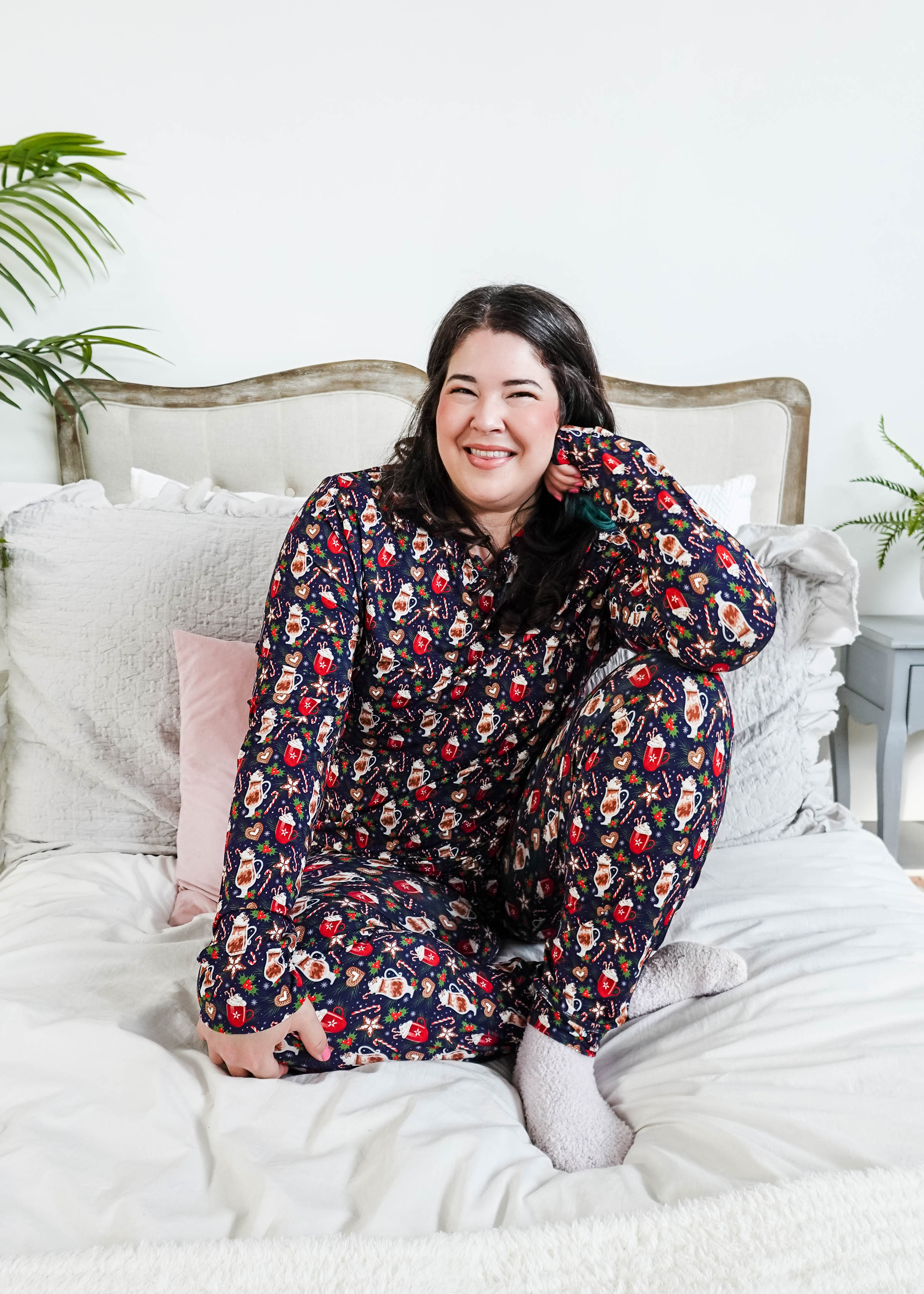 Merry Mugs Print Long Sleeve & Jogger Bamboo PJ Set woman wearing vintage print pj set in bamboo navy hot chocolate from georgia rylan