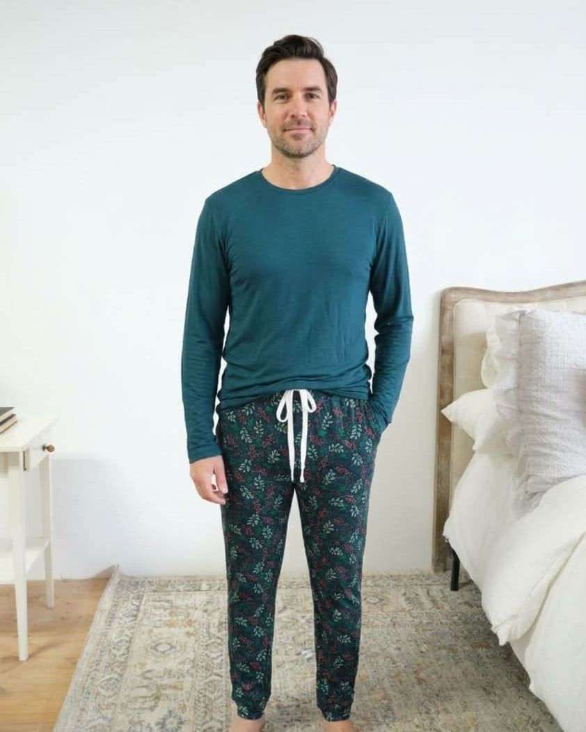 Bob's Sleepwear Co. Bamboo Long Sleeve Sleep Tee Midnight Teal front view — Cloud Nine Pajamas Edmonton