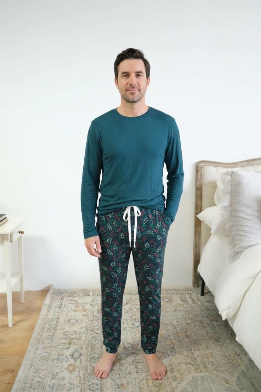 Bob's Sleepwear Co. Bamboo Long Sleeve Sleep Tee Midnight Teal front view — Cloud Nine Pajamas Edmonton