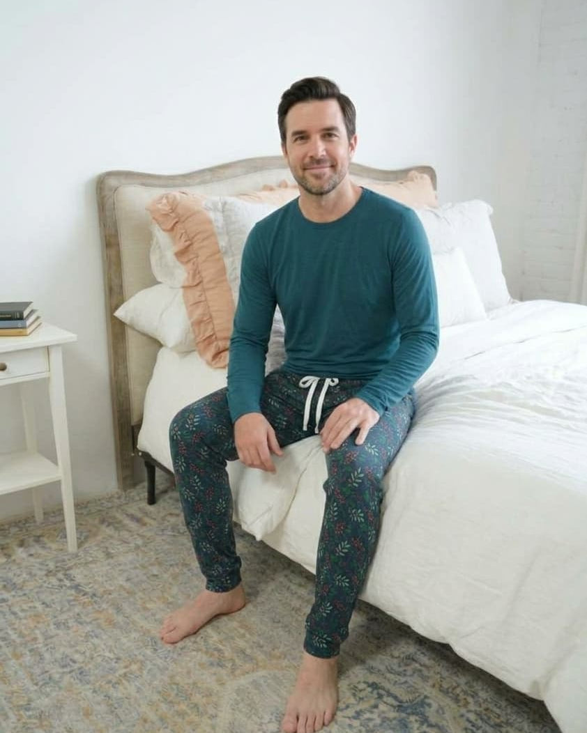 Bob's Sleepwear Co. Bamboo Long Sleeve Sleep Tee Midnight Teal lifestyle on model — Cloud Nine Pajamas Edmonton