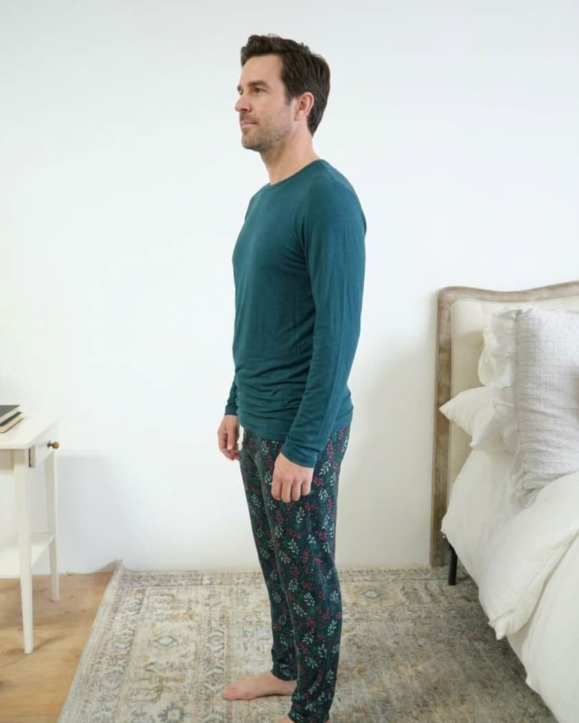 Bob's Sleepwear Co. Bamboo Long Sleeve Tee Midnight Teal side view — Cloud Nine Pajamas Edmonton