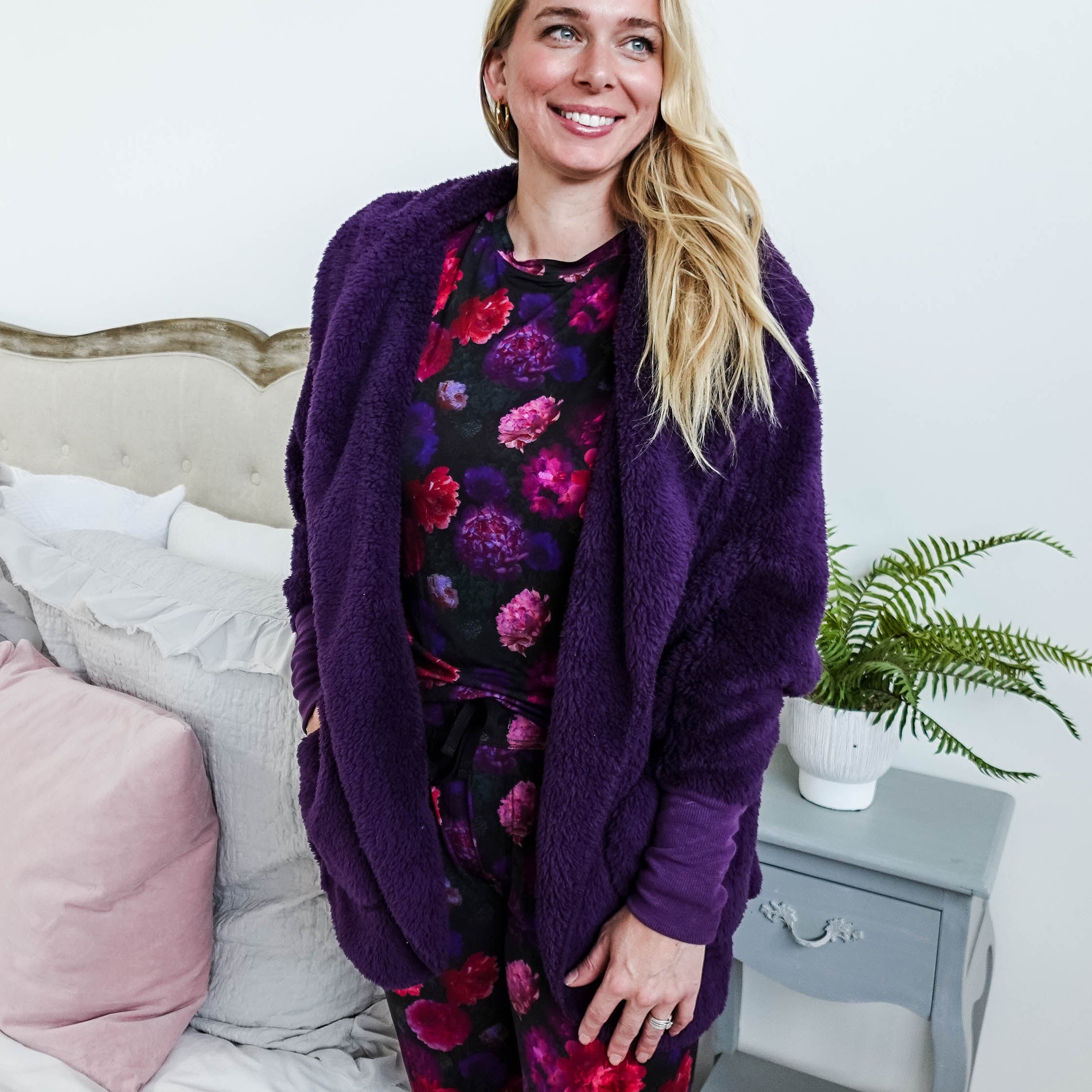 midnight grape purple cozy cardi jan marie women's fluffy sweater coat with hood