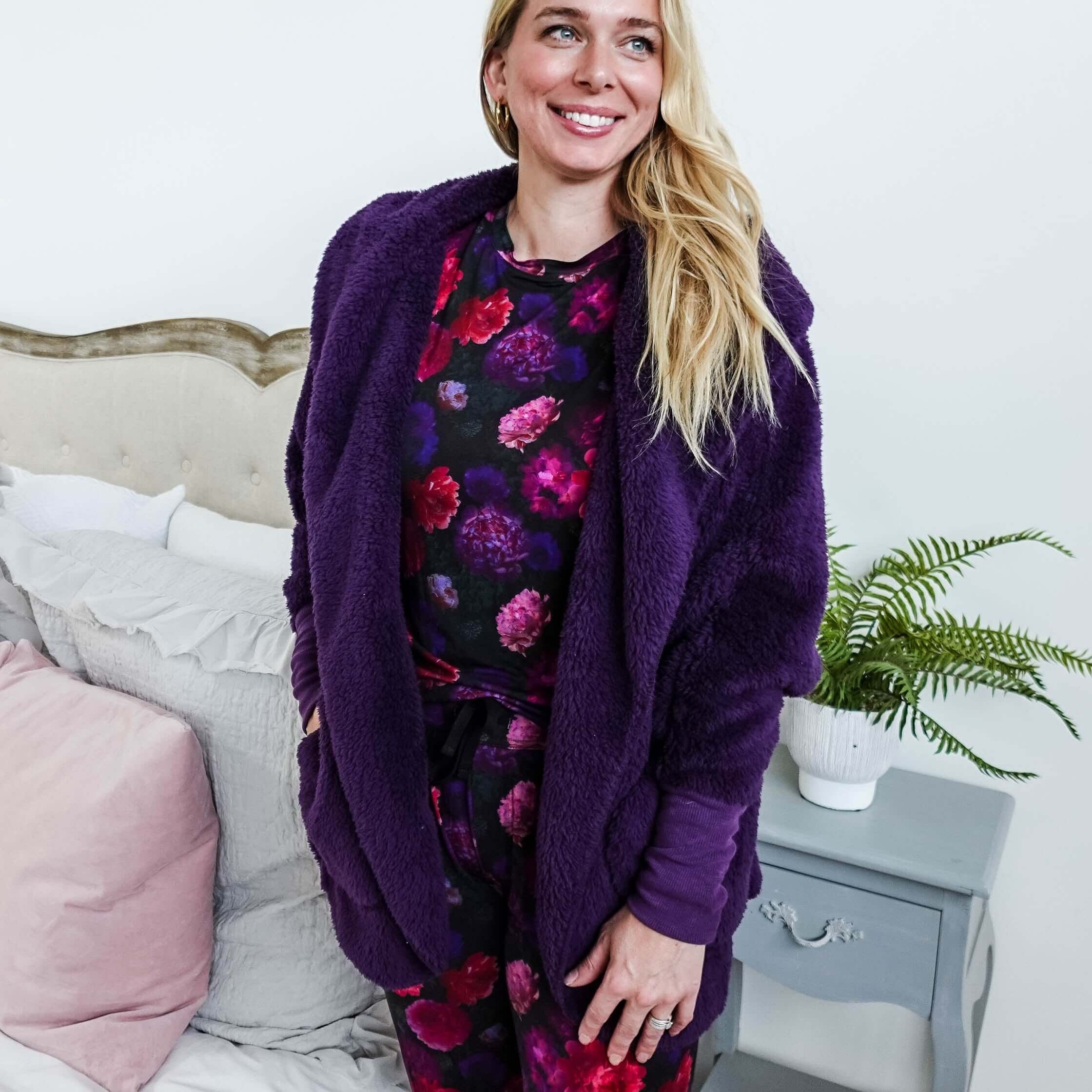 midnight grape purple Essential Hooded Fluffy Cozy Cardigan with Pockets