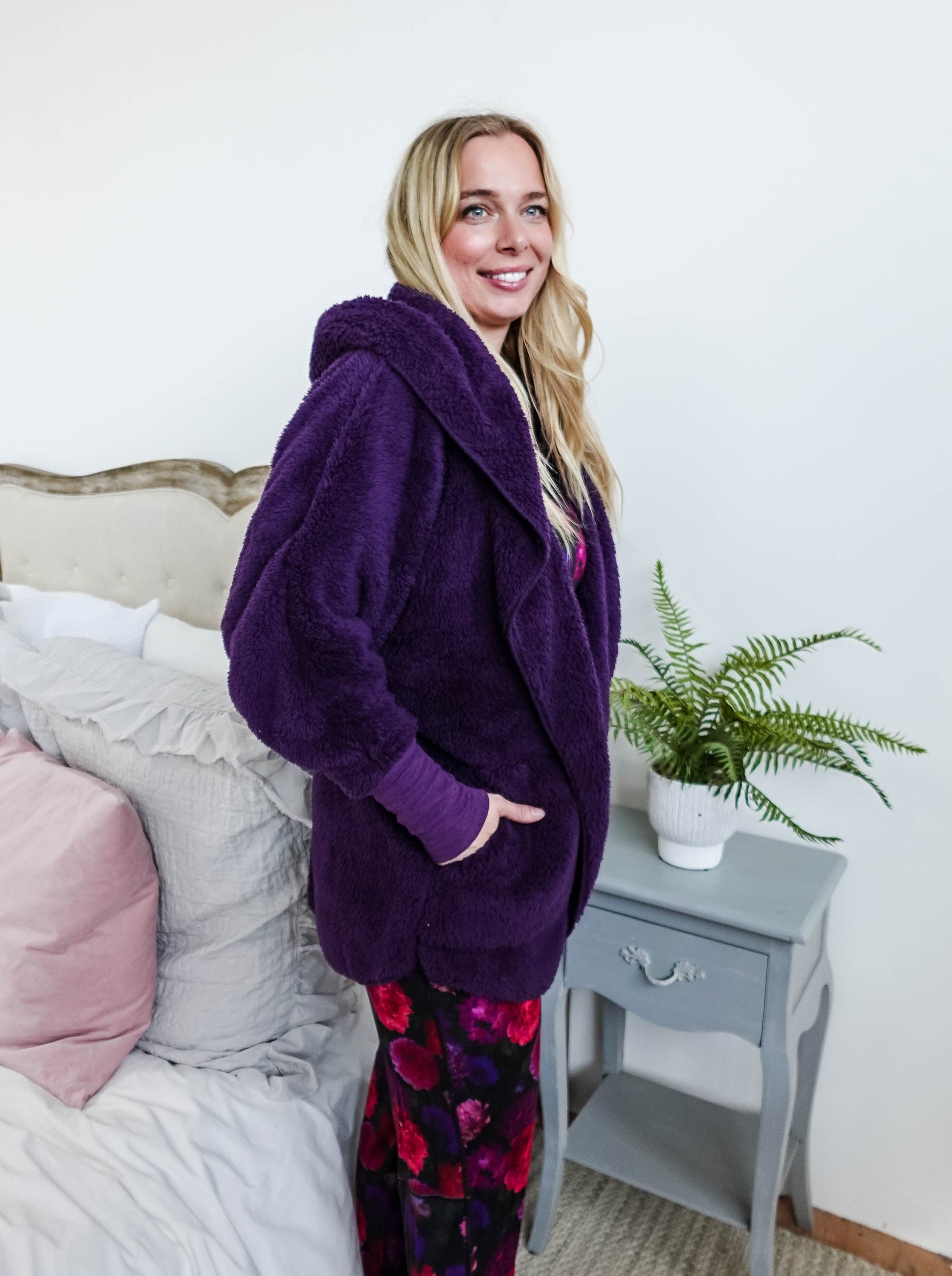 midnight grape purple cozy cardi jan marie women's fluffy sweater coat with hood