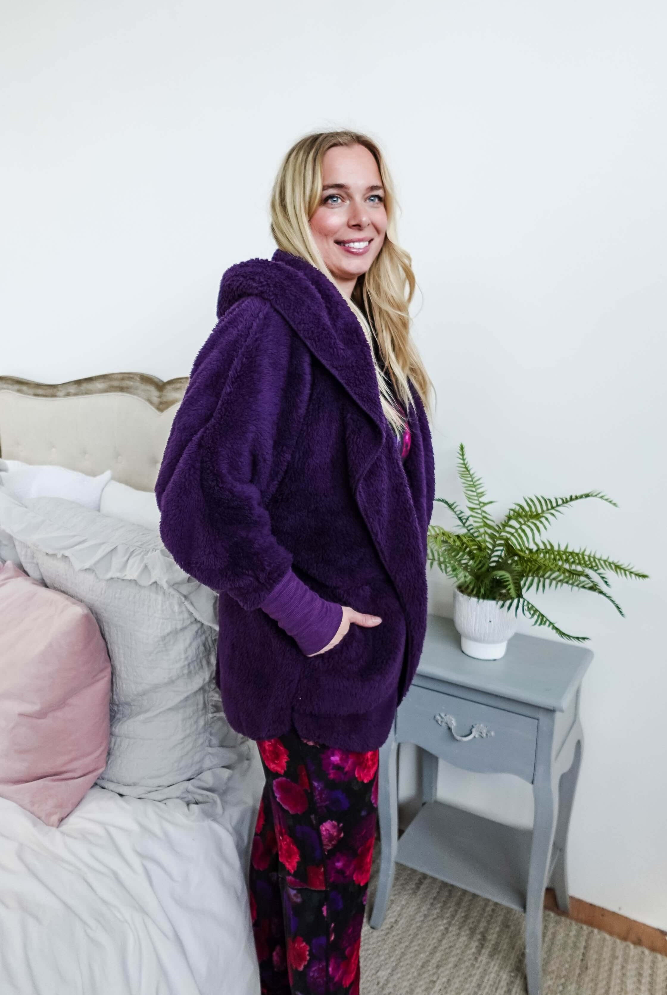 midnight grape purple Essential Hooded Fluffy Cozy Cardigan with Pockets