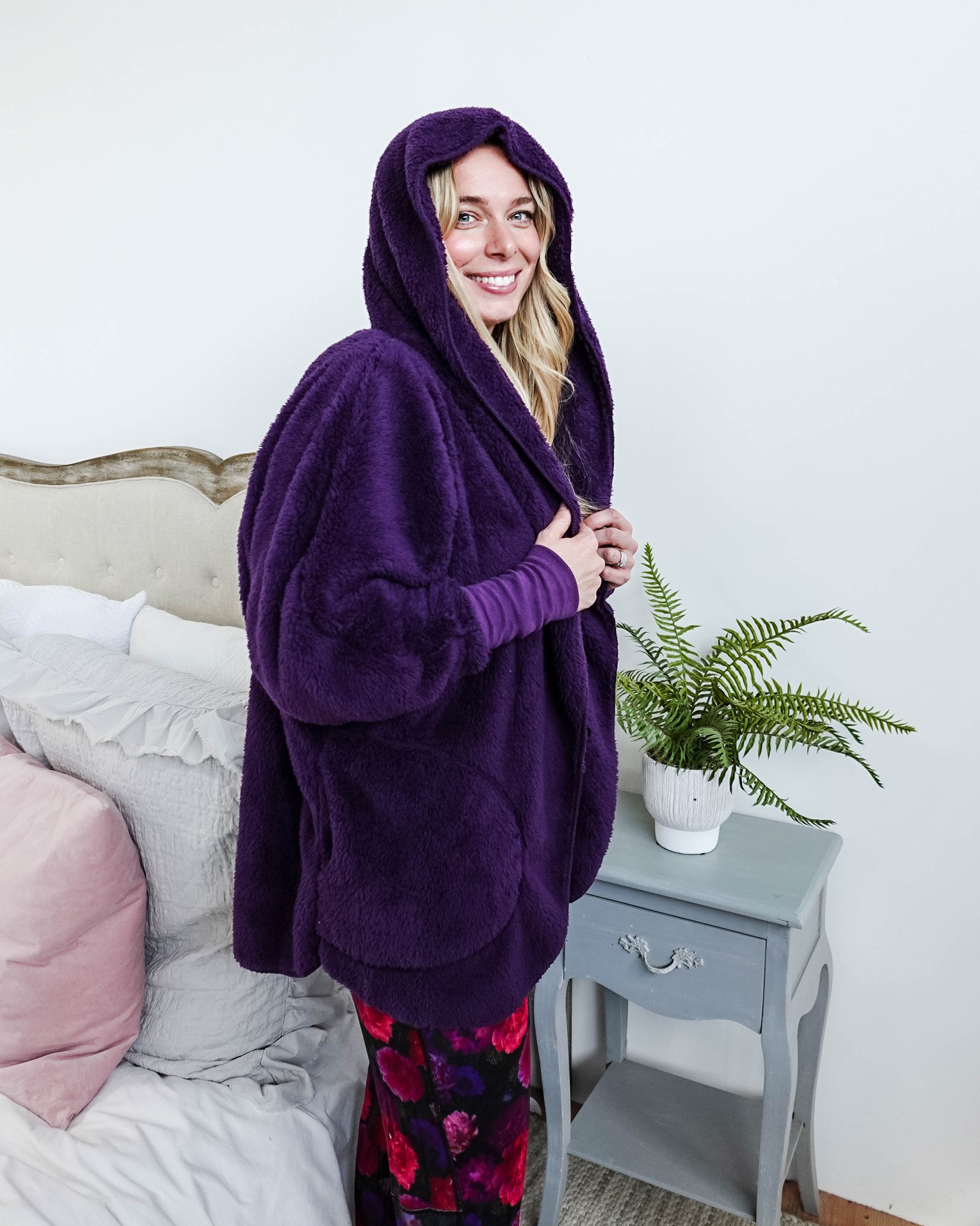midnight grape purple cozy cardi jan marie women's fluffy sweater coat with hood