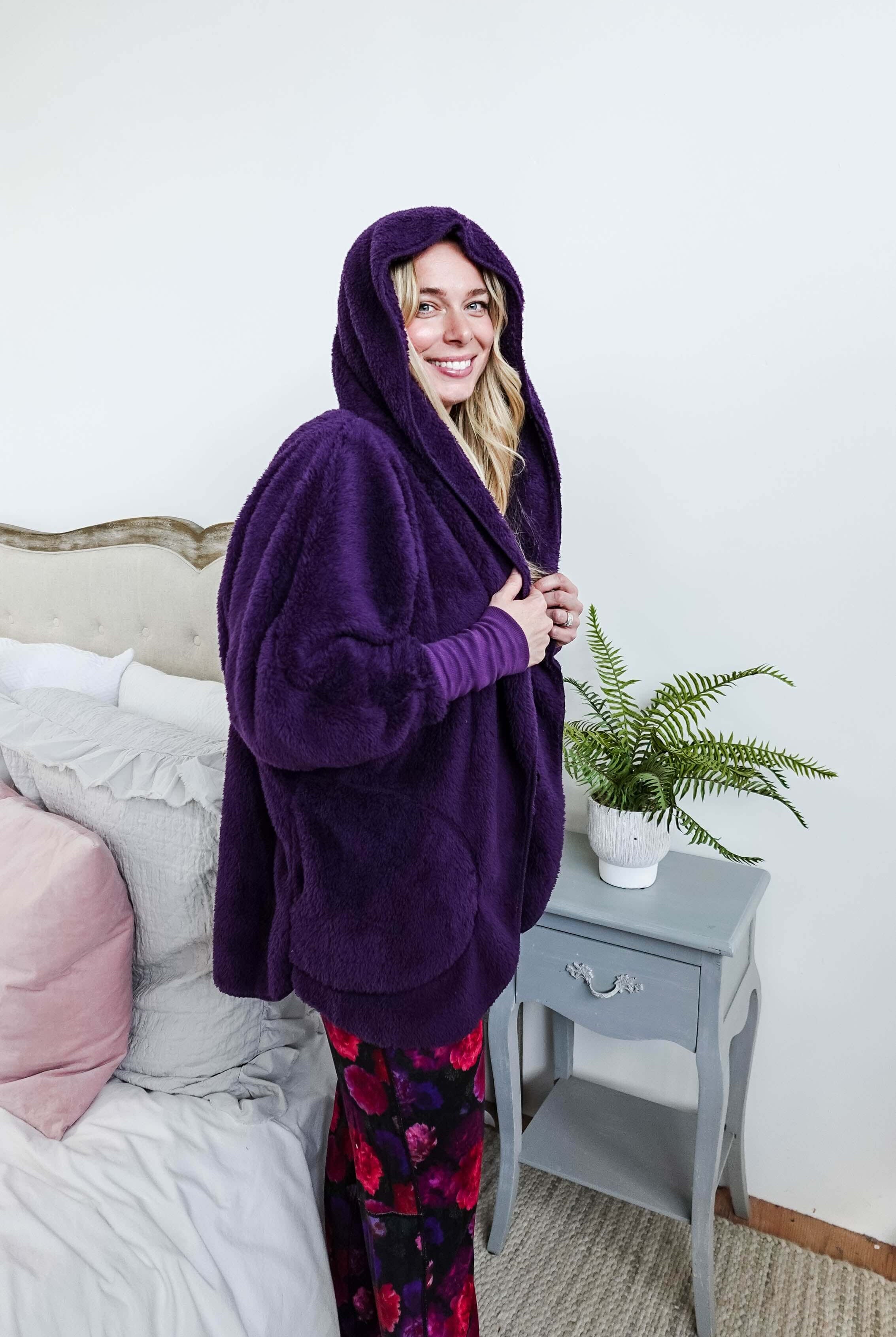 midnight grape purple Essential Hooded Fluffy Cozy Cardigan with Pockets