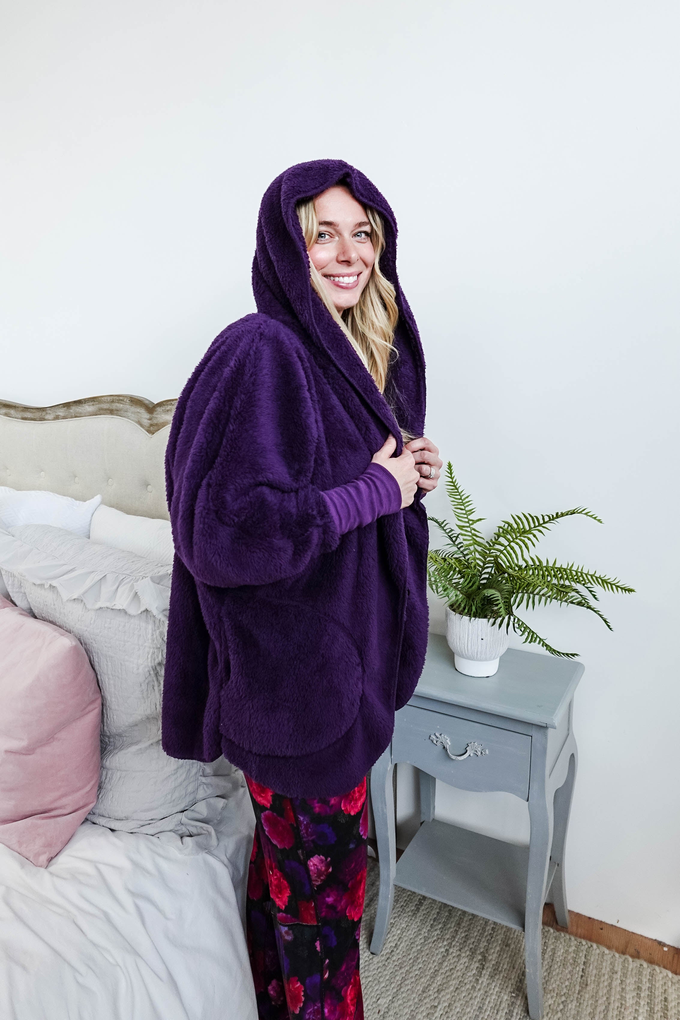 midnight grape purple cozy cardi jan marie women's fluffy sweater coat with hood