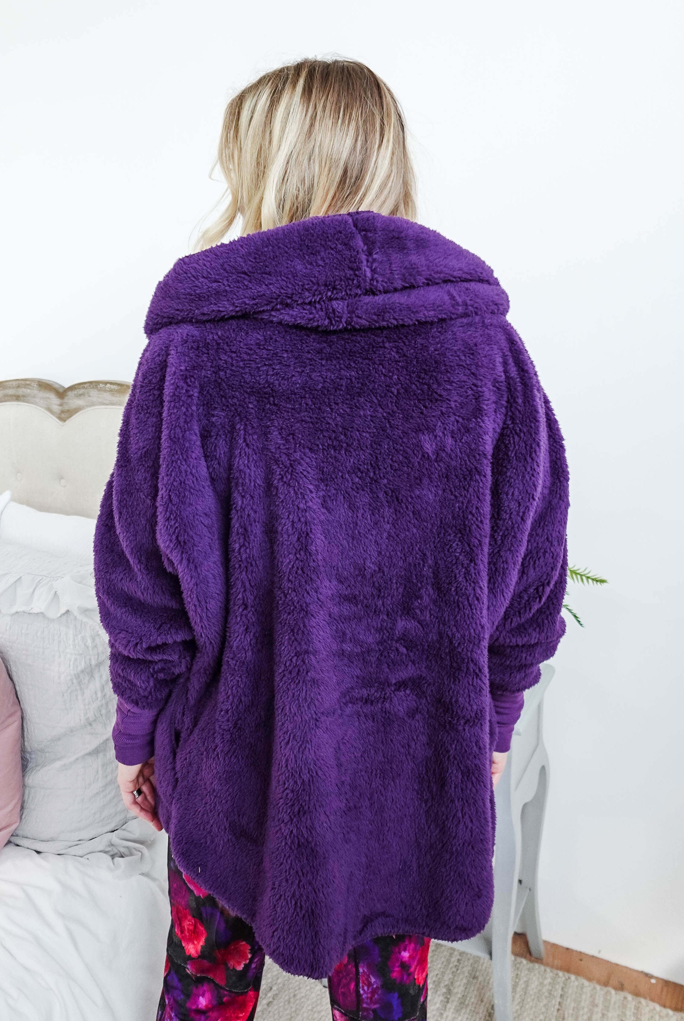 midnight grape purple Essential Hooded Fluffy Cozy Cardigan with Pockets
