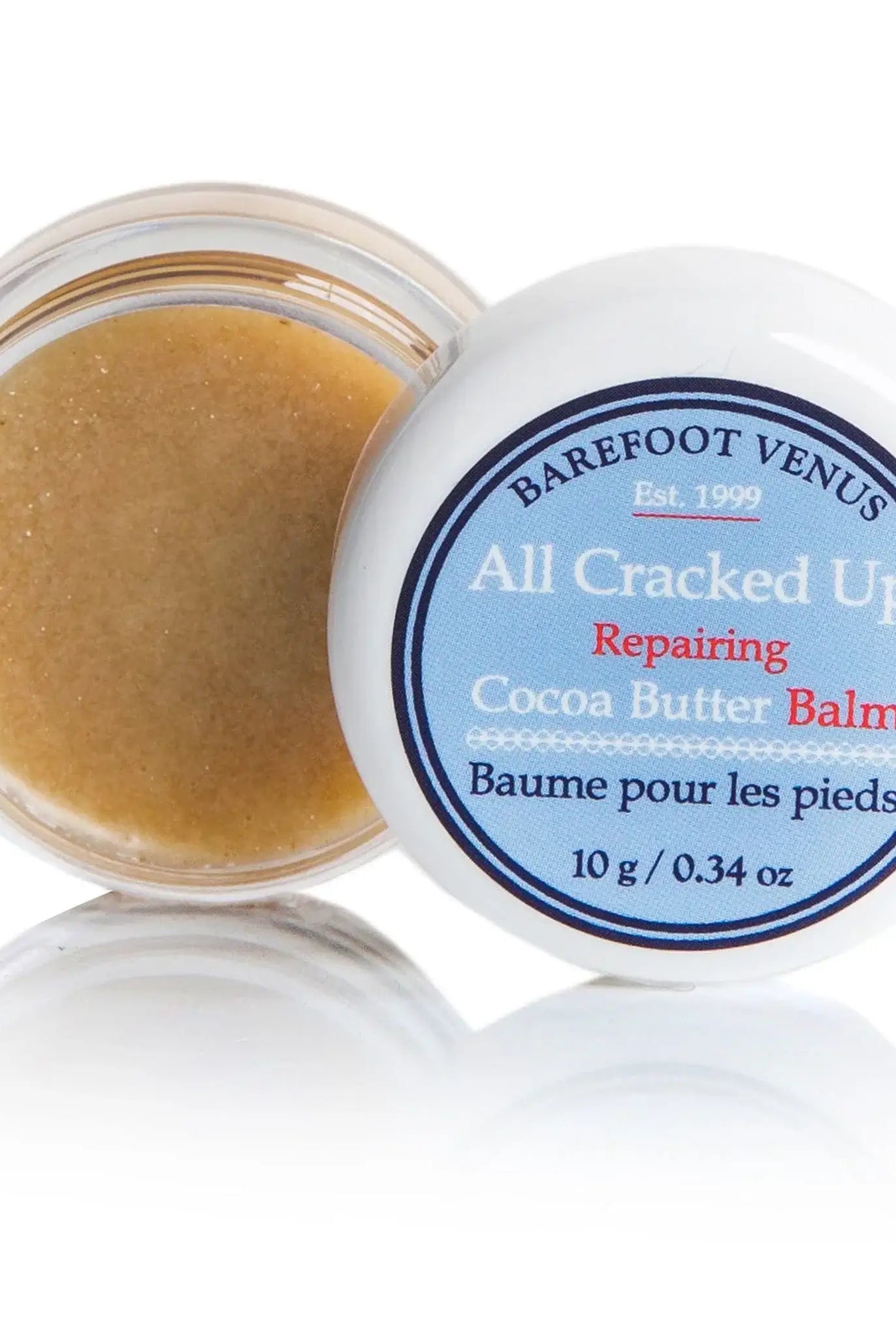 All Cracked Up Foot Balm in a jar, 0.34 oz, repairing cocoa butter foot balm for cracked heels and dry skin.